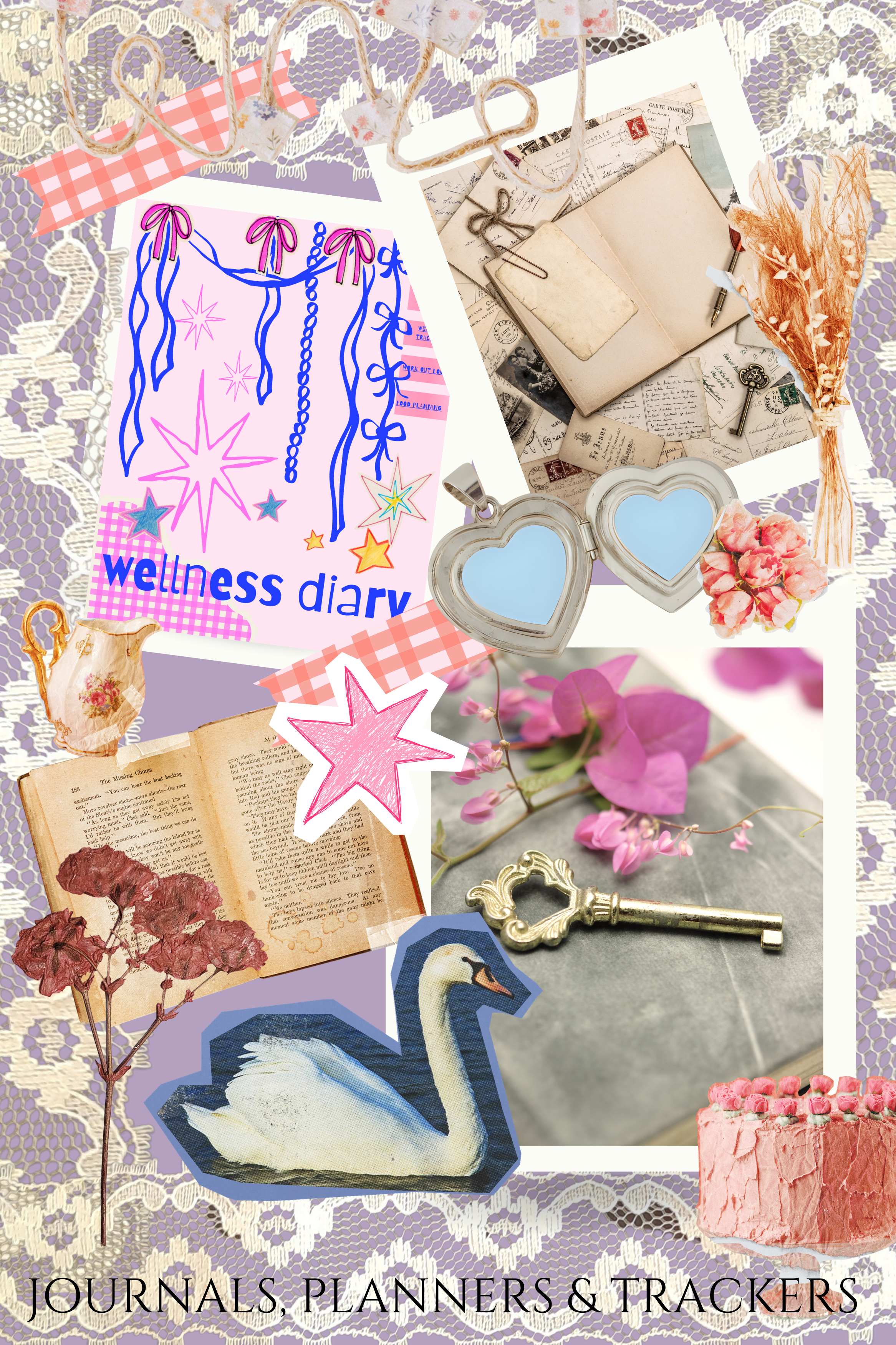 Collection of stationery, vintage photographs, dried flowers, a swan illustration, heart-shaped glasses, a pink cupcake, dried pink flowers, a vintage key, and a wellness diary on a lace background, representing journals, planners, and trackers.