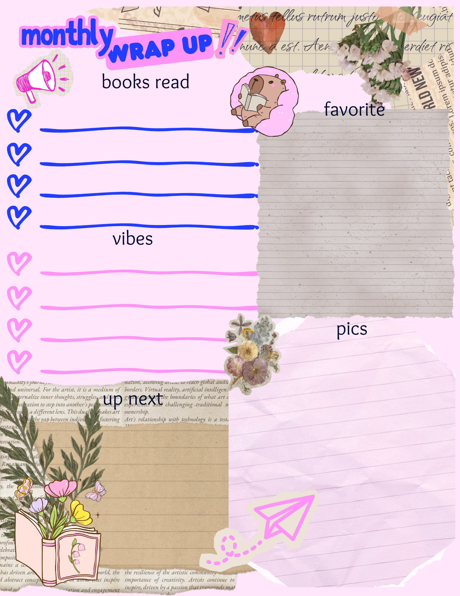 Whimsical reading wrap-up book log pages with kawaii book illustrations