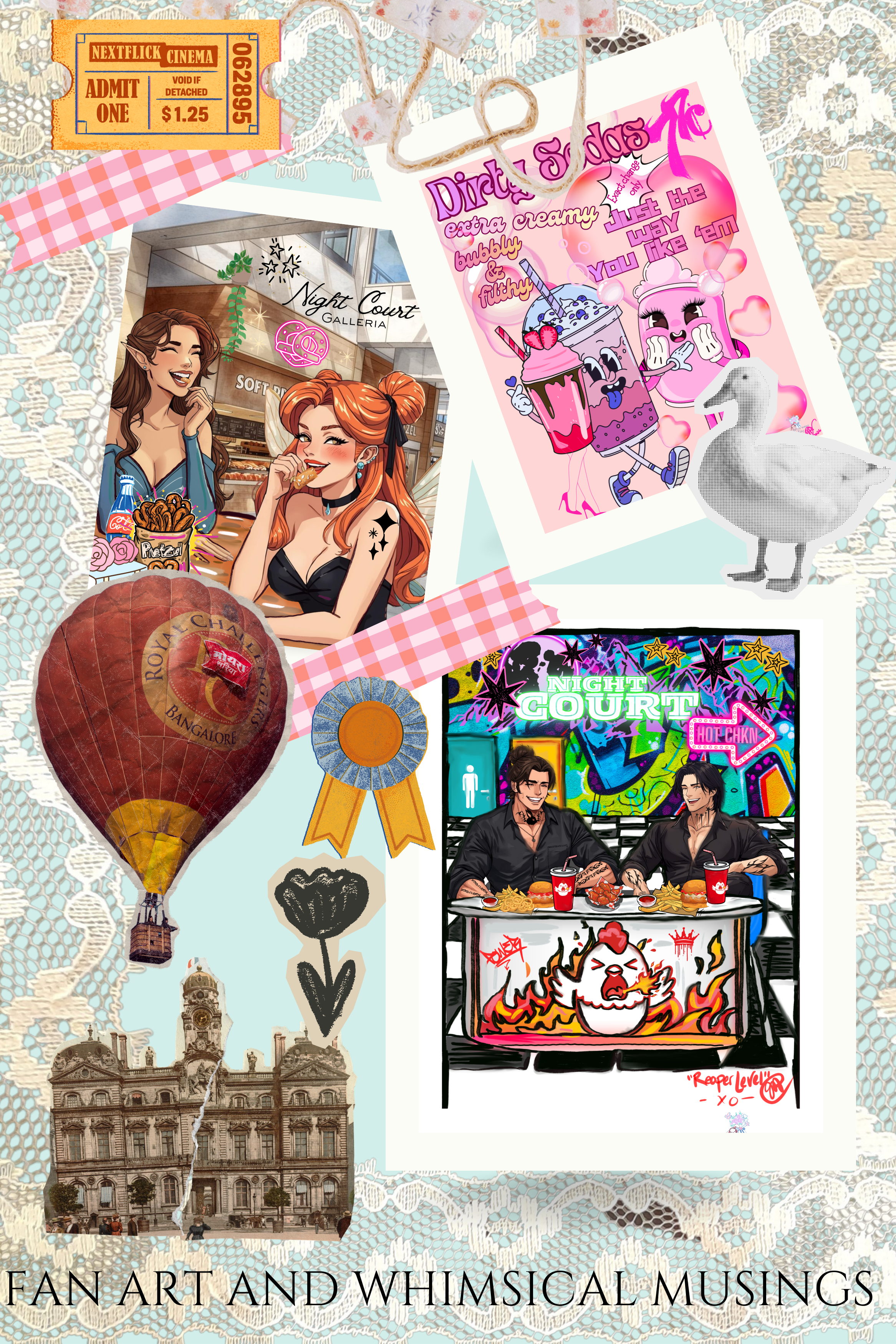 A collage of fan art and whimsical illustrations, including two women at a cafe, a hot air balloon, a building, a hot pink cartoon milkshake with smiling faces, a duck, a comic art scene of two men at a table, a retirement ribbon, and an orange ticket stub with vintage lace and crochet backgrounds. The overall theme is playful and artistic.