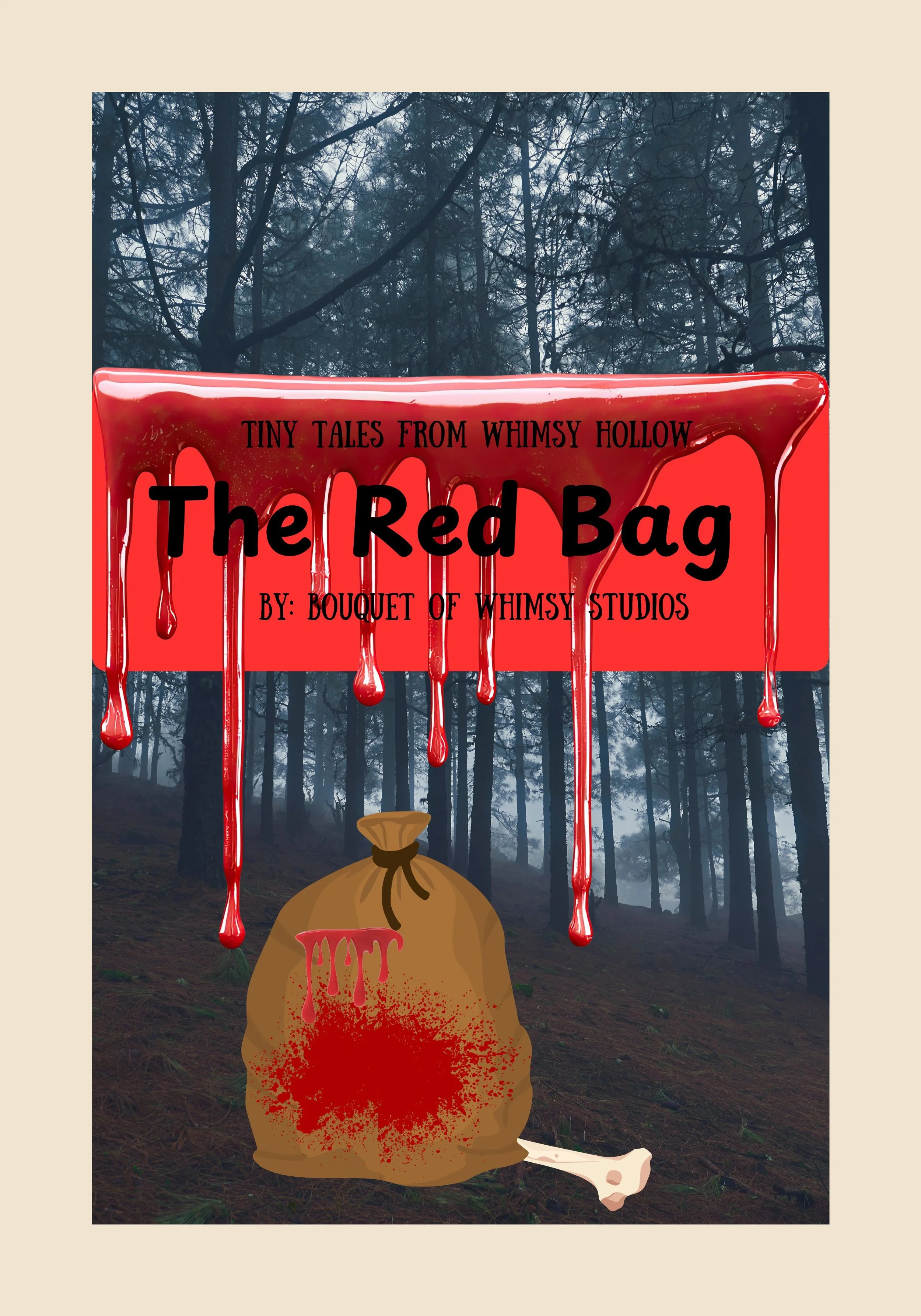 a lone sack sitting in a creepy a cover of a book that features a forest with blood and bones all over