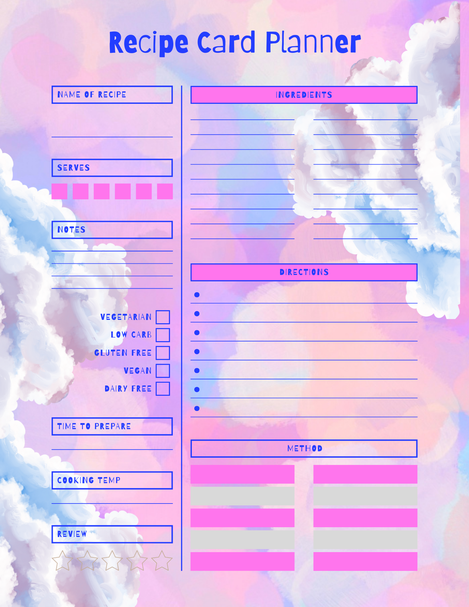 whimsical and girly recipe card planner that goes with a wellness diary for goal tracking and weight loss goals