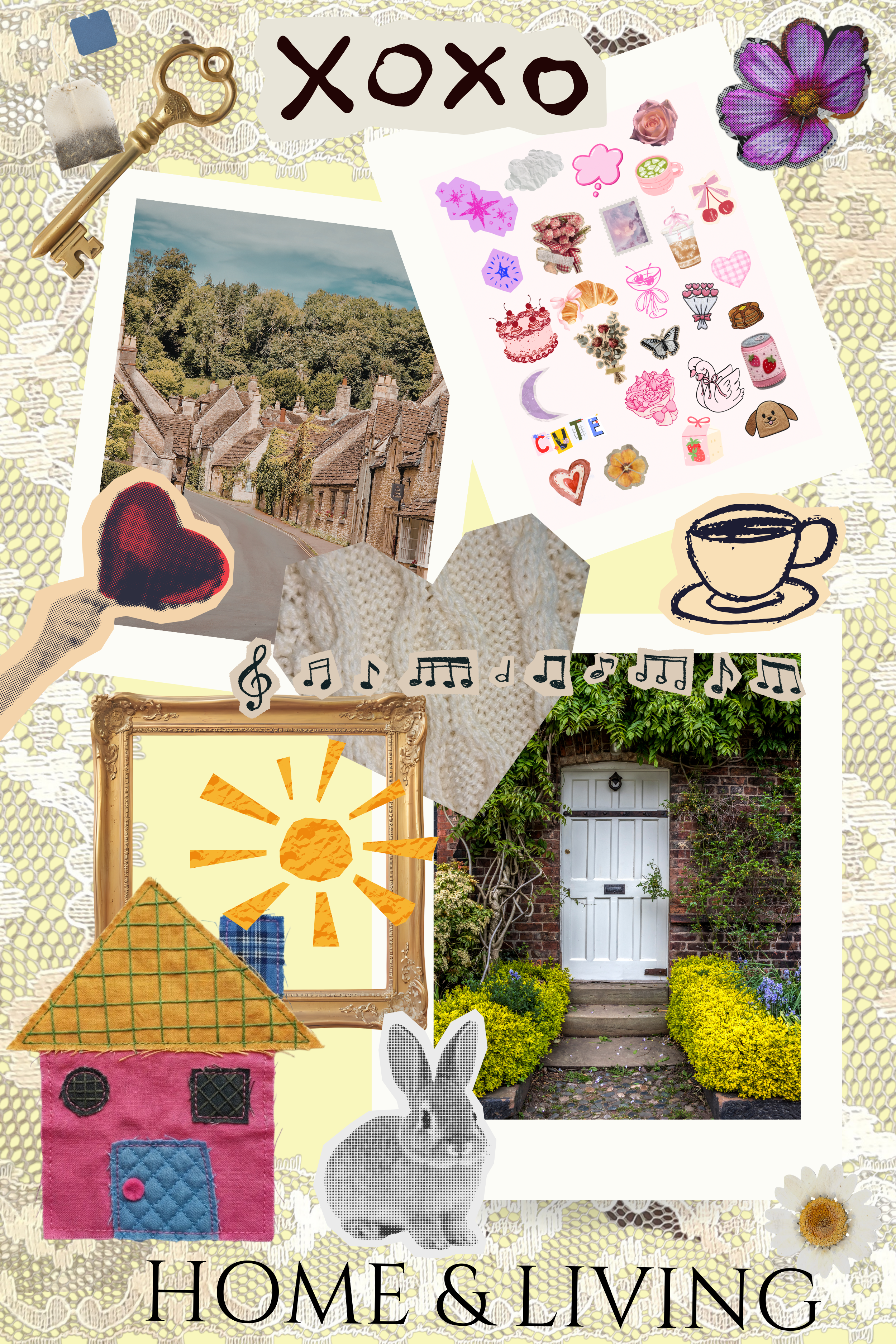 A collage of various items related to home and living, including photographs of a street with cottages, a white door surrounded by greenery, a drawing of a house with a pink exterior, a sun drawing inside a frame, and stickers of flowers, a bunny, a cup, a heart, a rainbow, and musical notes. The collage is titled "HOME & LIVING" and features decorative elements such as lace, a key, and a daisy.