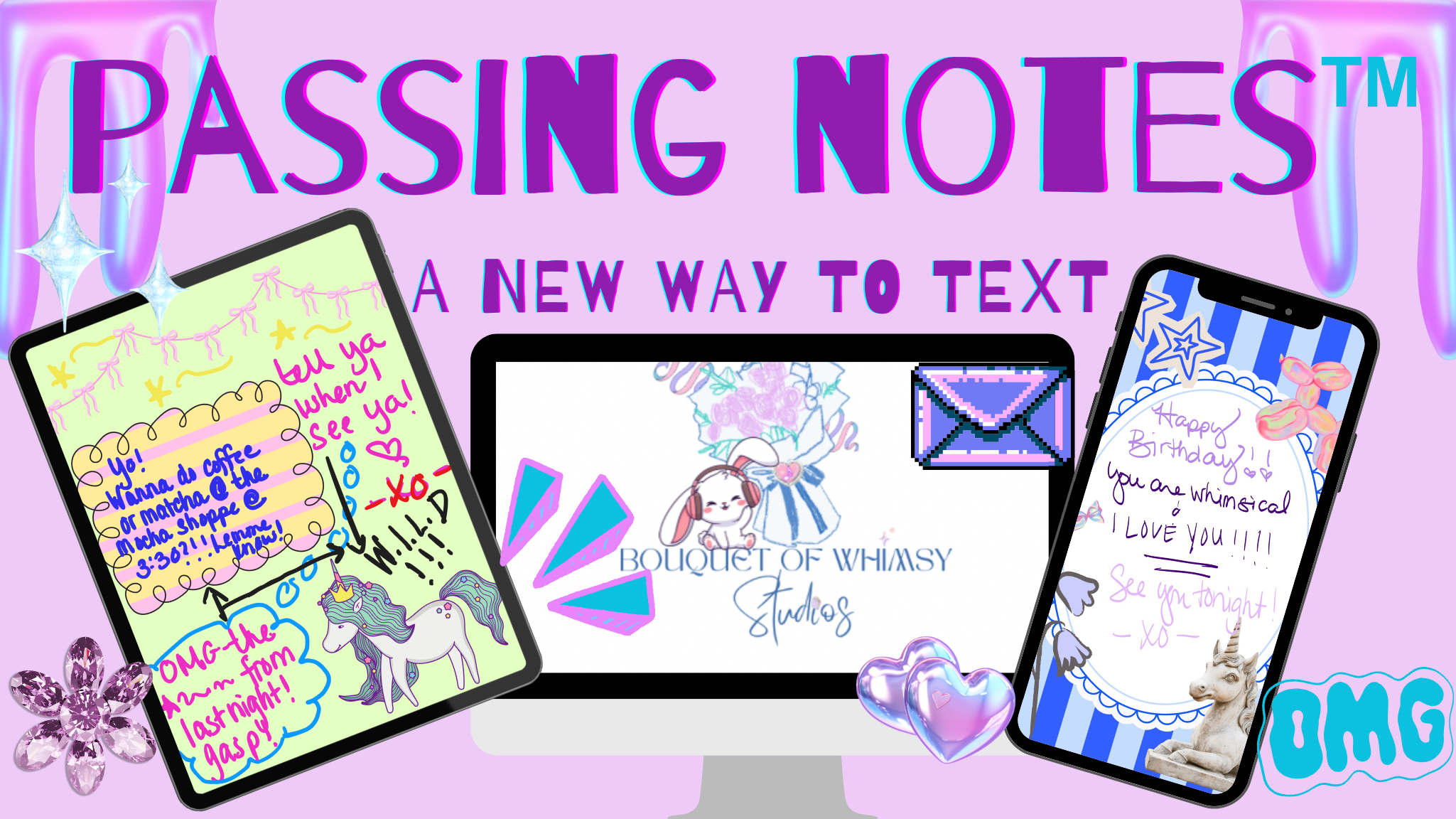 Colorful digital graphic promoting a new texting feature called Passing Notes, featuring illustrations of a smartphone with handwritten messages, a computer screen with a logo for Bouquet of Whimsy Studios, and various decorative elements like stars, hearts, unicorn, and a gemstone, all on a pastel purple background.
