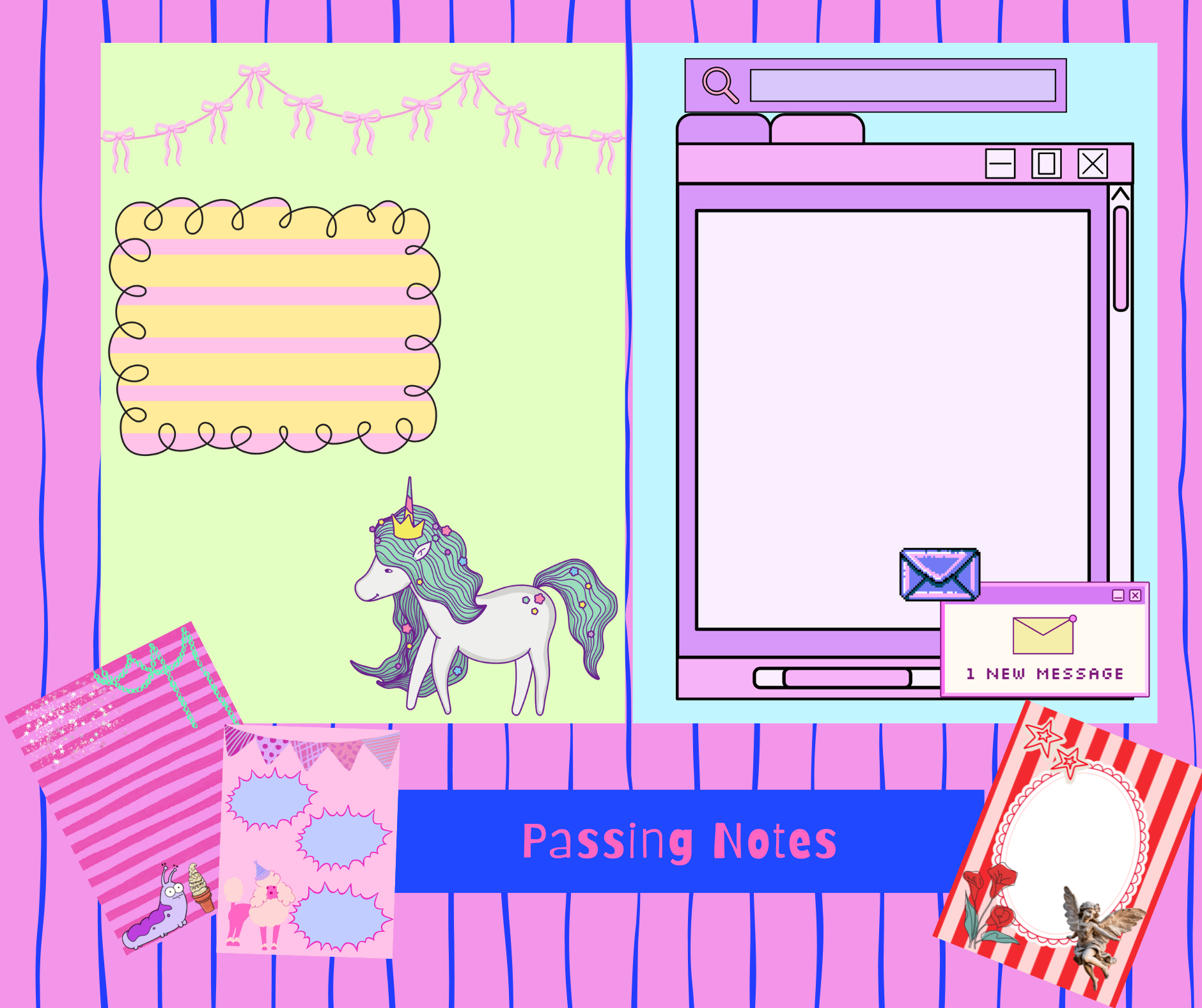 digital notebook page of a whimsical unicorn and a y2k style computer screen