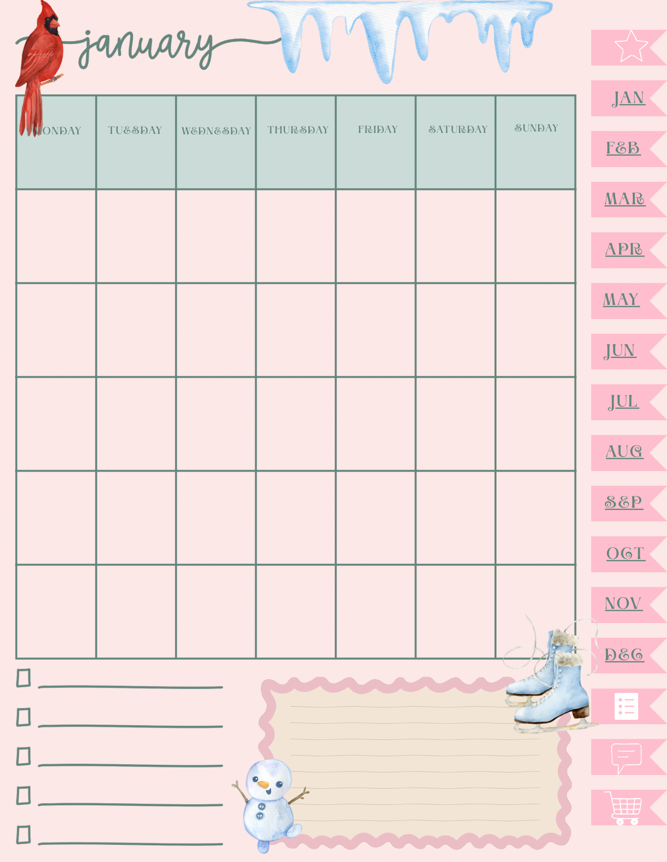 soft girly planner and daily planner with sage green and January as the page