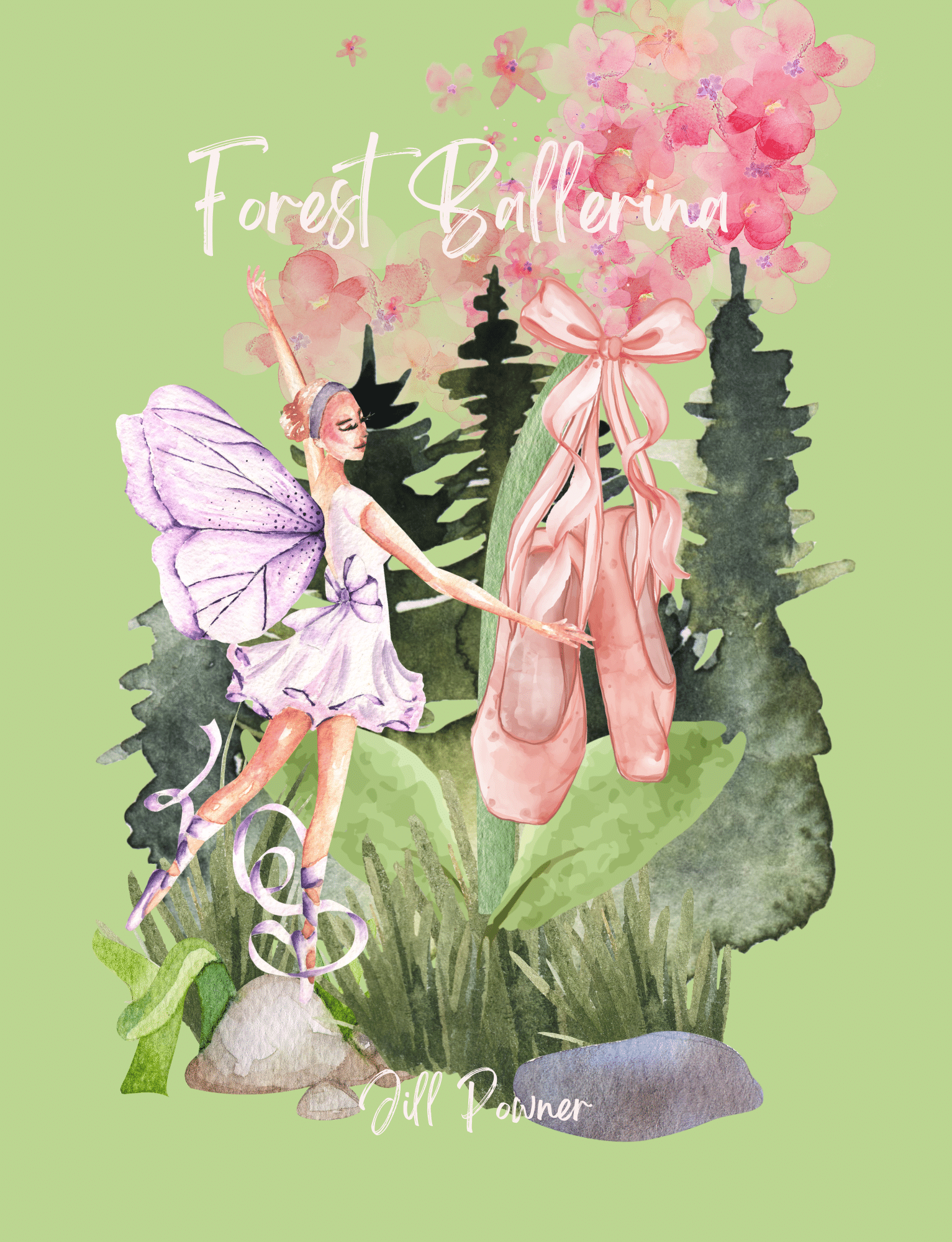 A digital illustration of a fairy with purple butterfly wings, a crown, and a ballet outfit, standing amidst lush green leaves and flowers, with the words 'Forest Ballerina' and 'Girl Power' in a whimsical font.