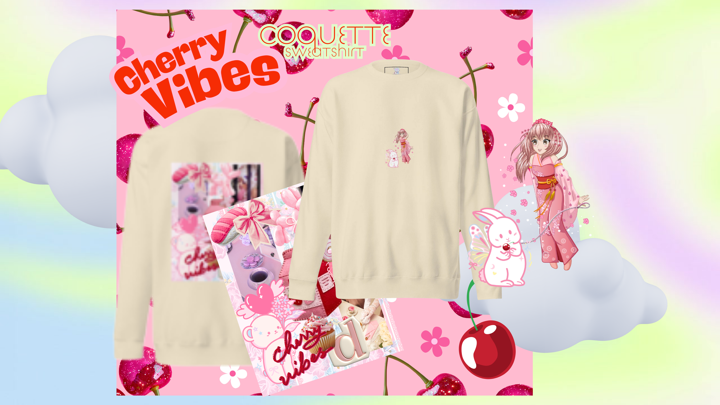 Cherry Vibes Coquette Sweatshirt.png anime girl walking a whimsical bunny
