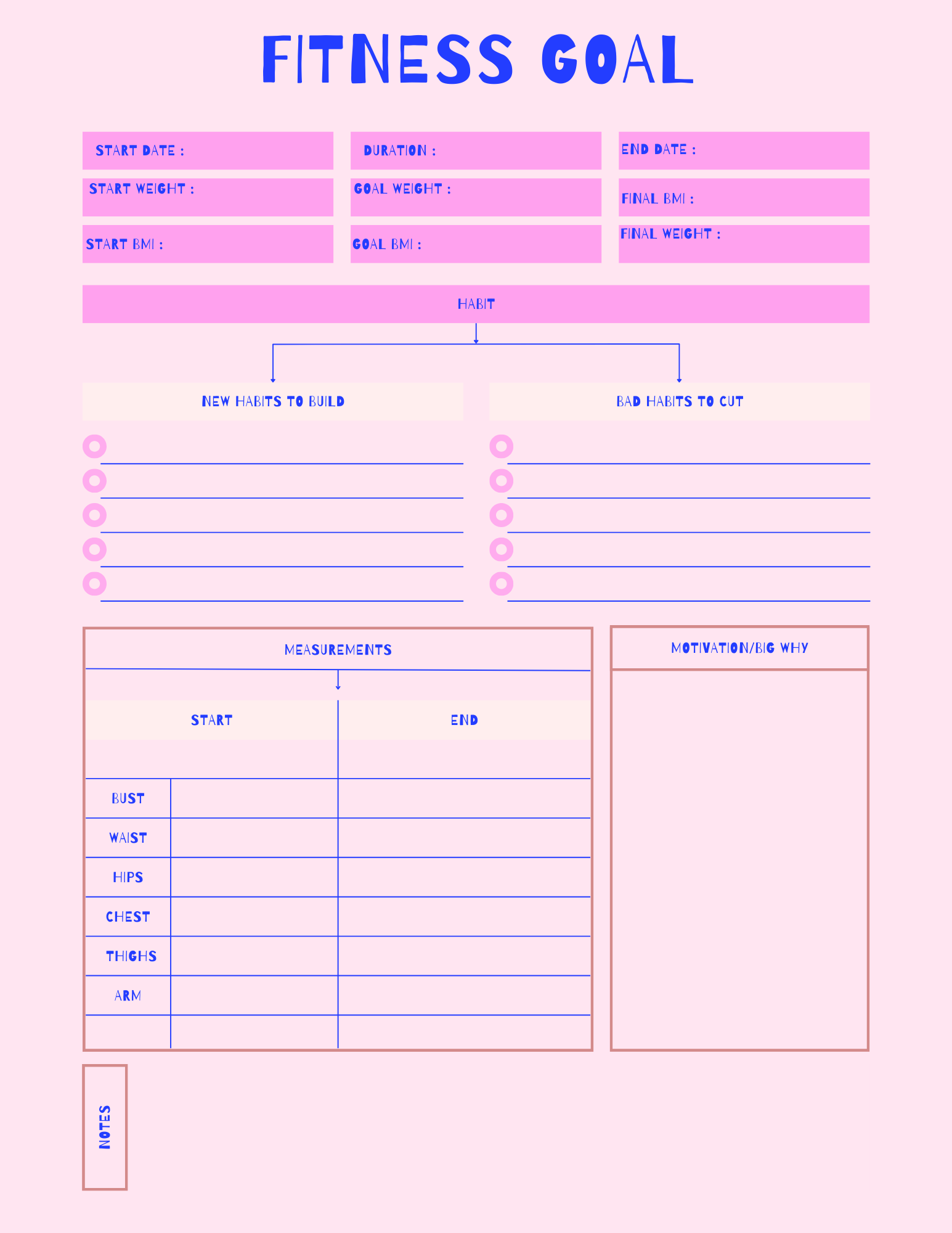 whimsy and pink girly measurement and fitness and weight tracker to stay on track with health goals