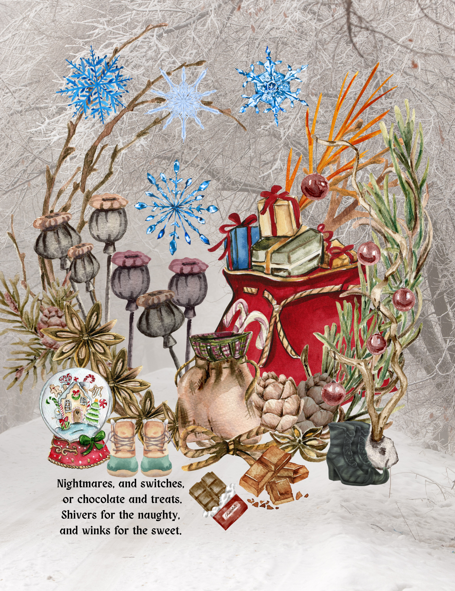 Whimsical watercolor illustration from Krampusnacht showing a quiet snowy village at night under a winter sky