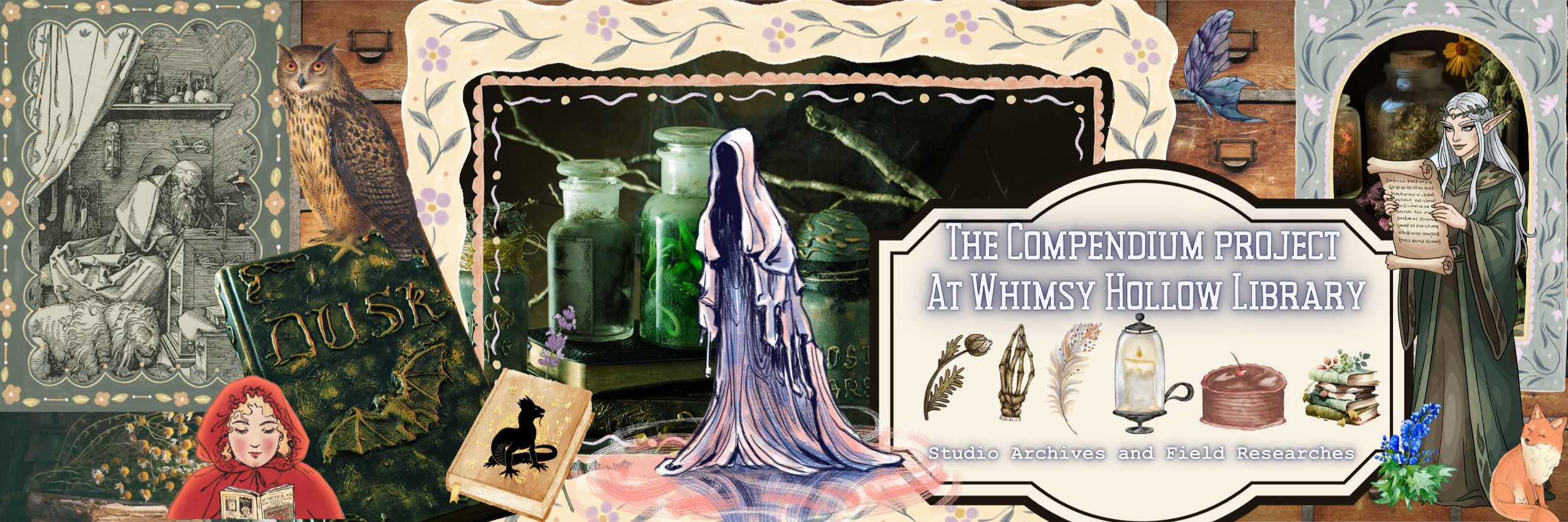 A colorful fantasy-style banner for The Comendium Project at Whimsy Hollow Library with mystical and magical elements, including potion bottles, a wizard, a fairy, an owl, a fox, and magical artifacts.