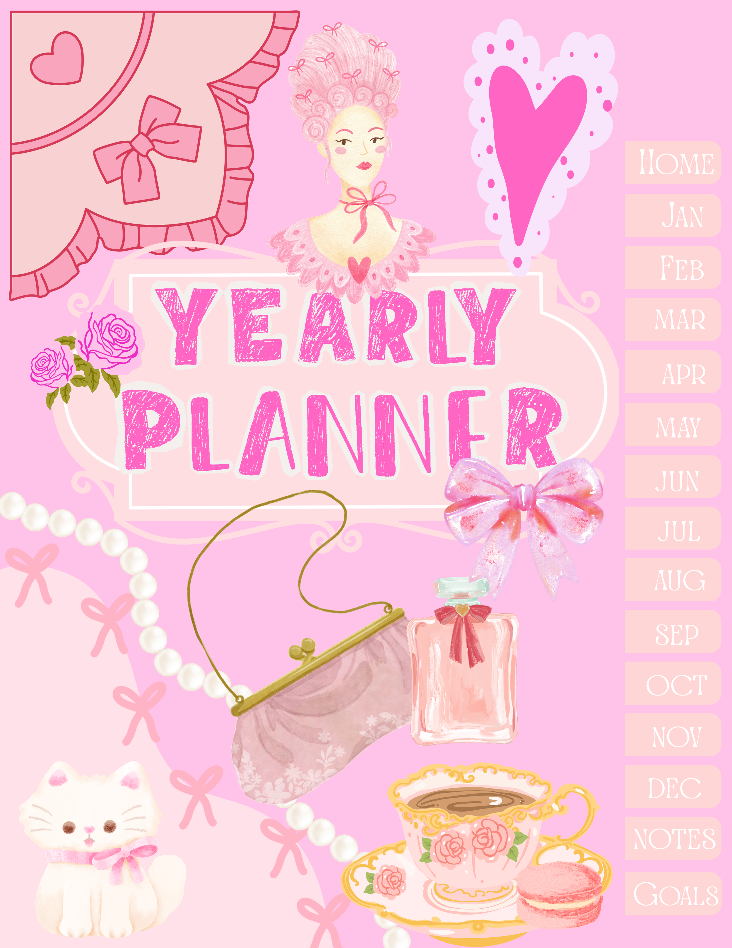 Marie At Tea Coquette Digital Planner | Hyperlinked and Undated Monthly and Yearly Planner