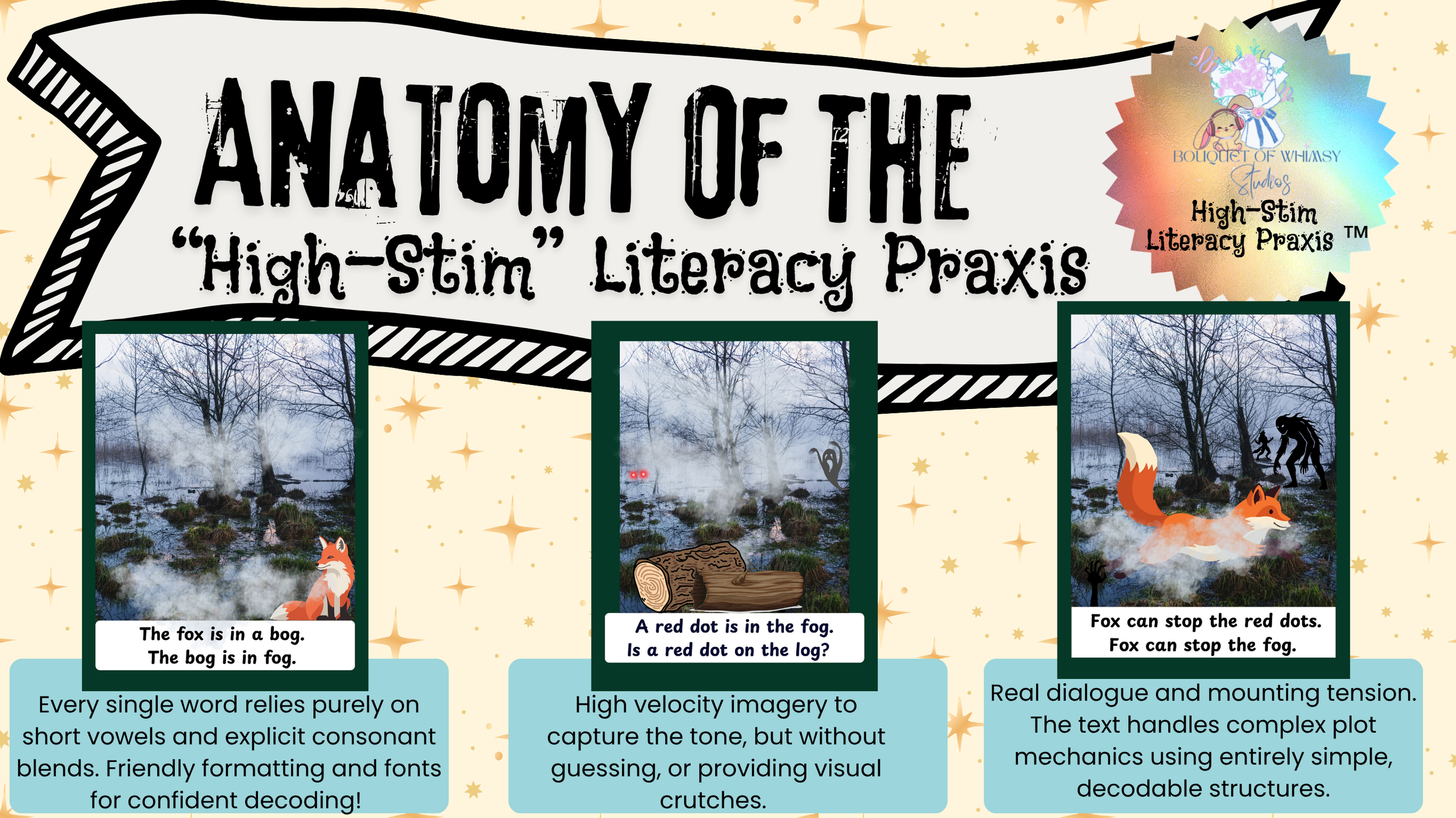 Educational poster about the importance of context in reading comprehension, featuring images of a foggy swamp with a fox, logs, and trees, alongside diagrams and descriptions related to literacy and decoding strategies.