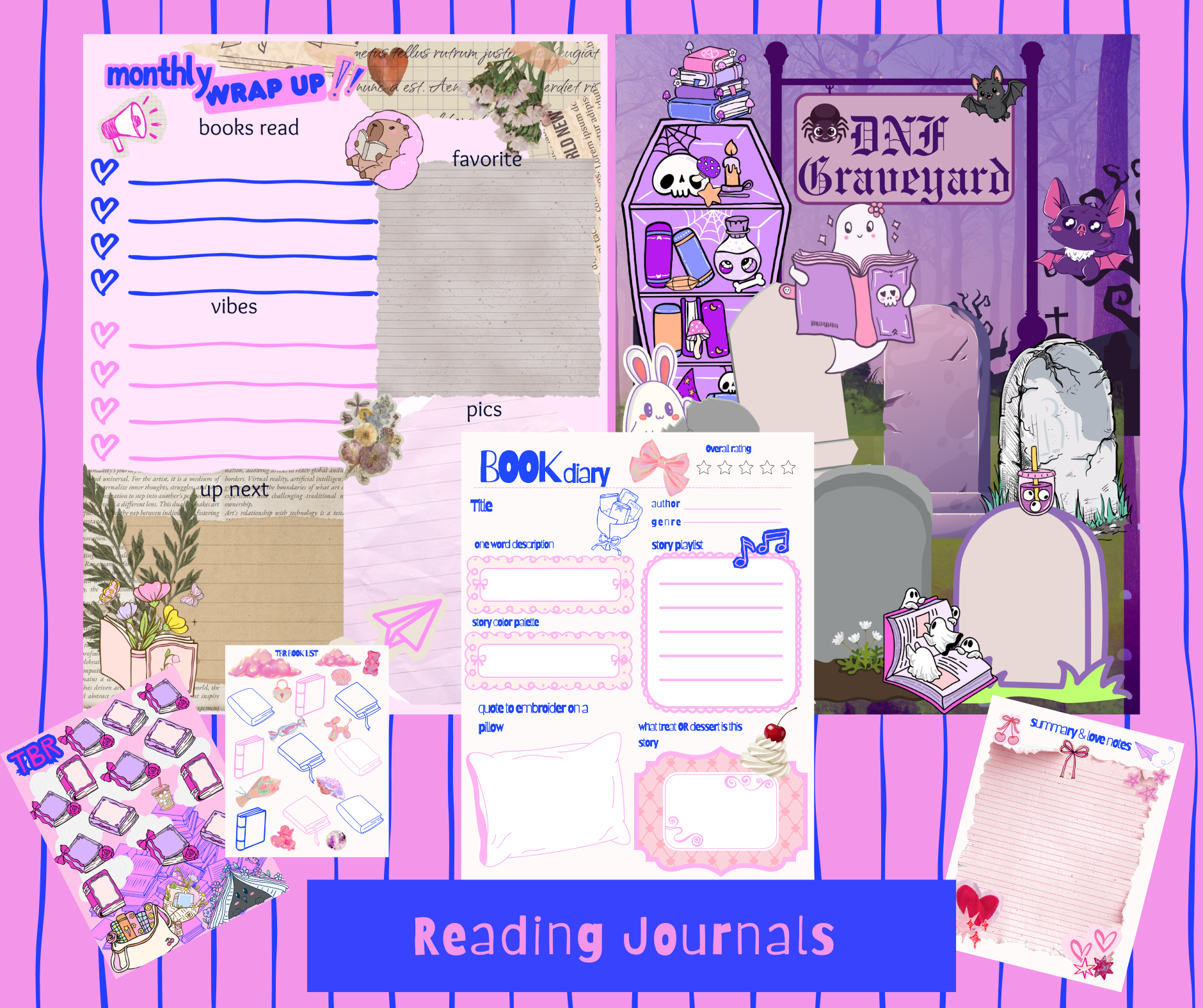 dnf and other reading journal pages featuring tombstones and cute spooky graveyards and monthly wrap up pages and tbr areas