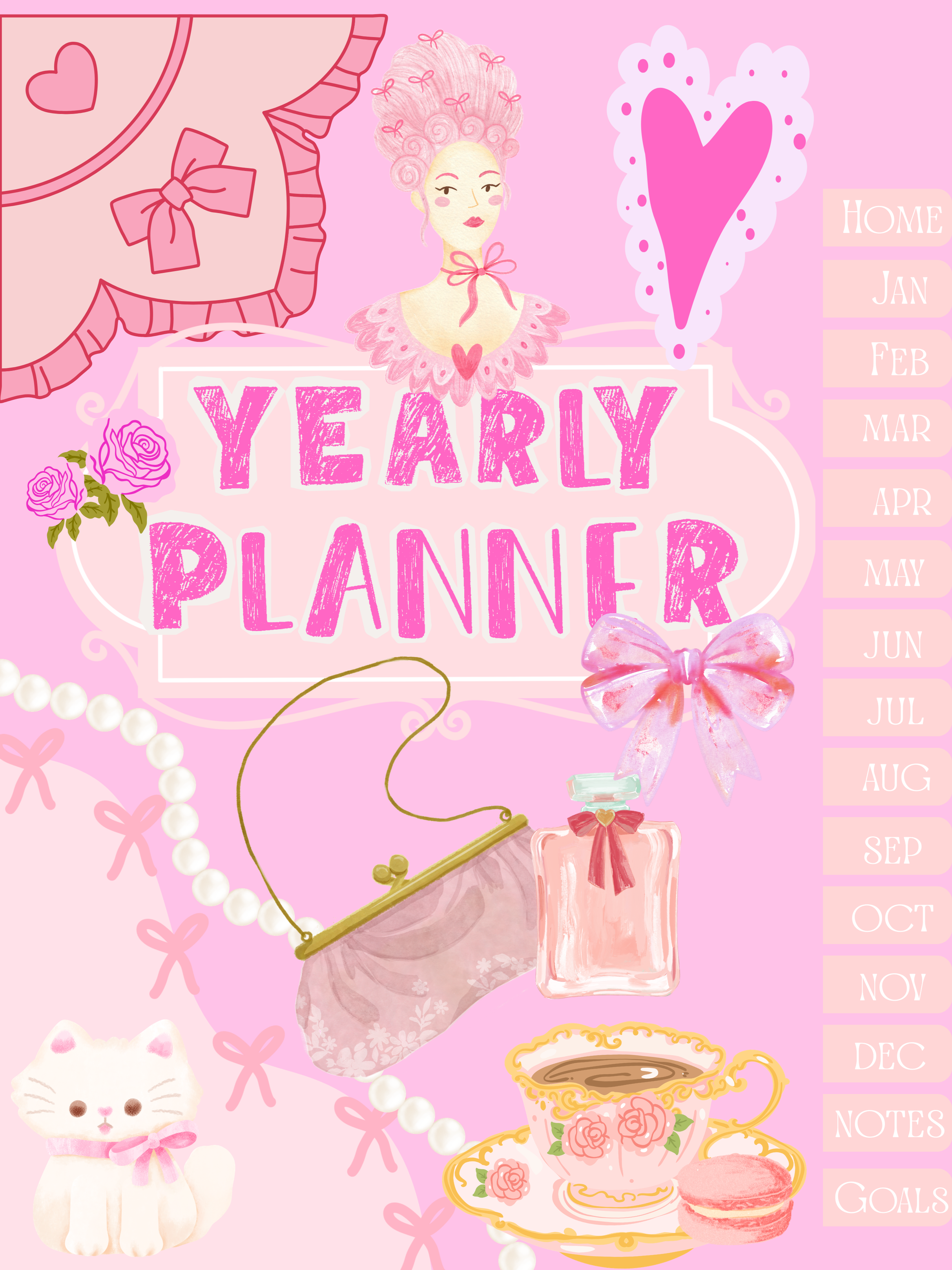 marie anointette inspired digital notebook with pink and girly aesthetics featuring hyperlinks for each month and page within the planner undated for reuse