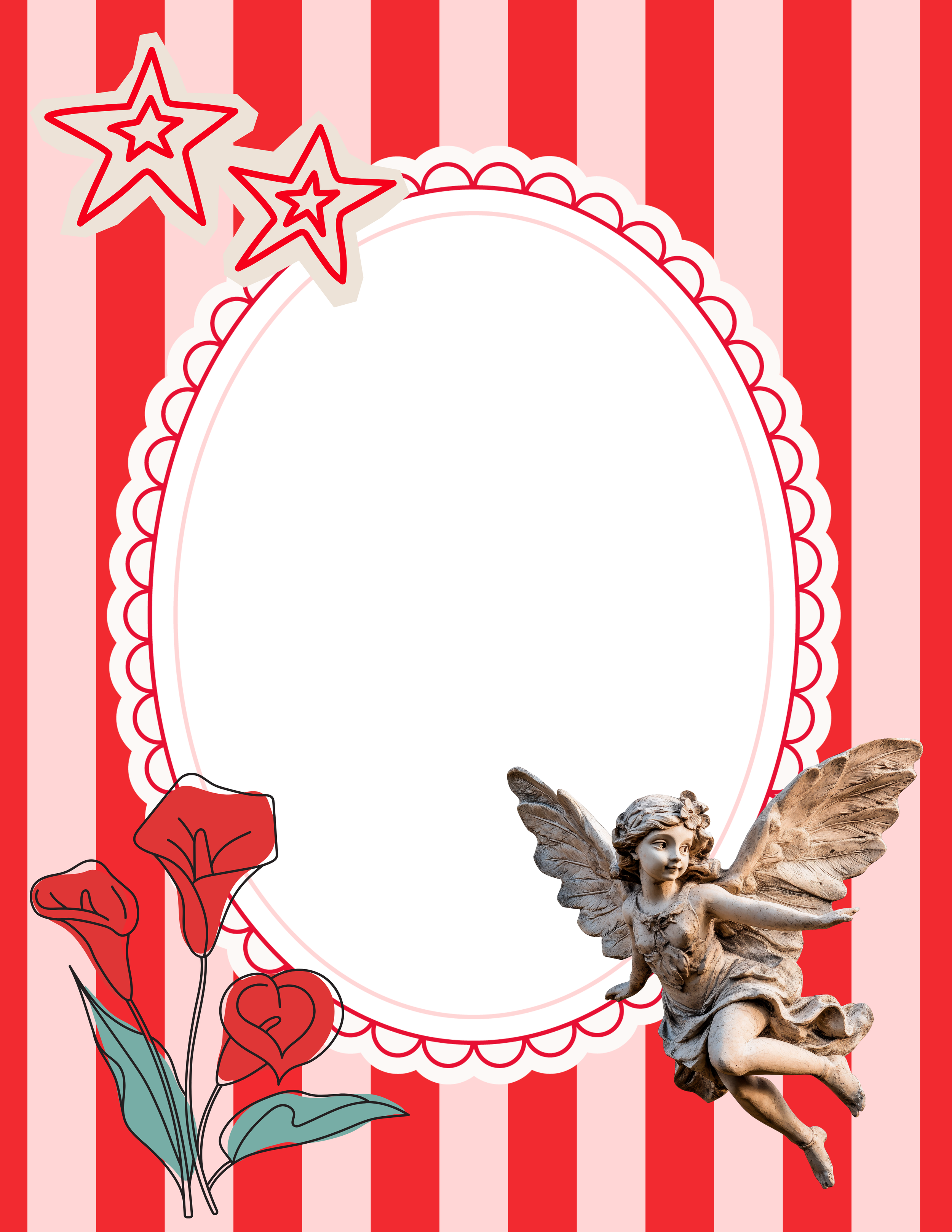 “Whimsical statue illustration with floral accents on Flourish & Stripe digital letter, ready for sharing digitally”