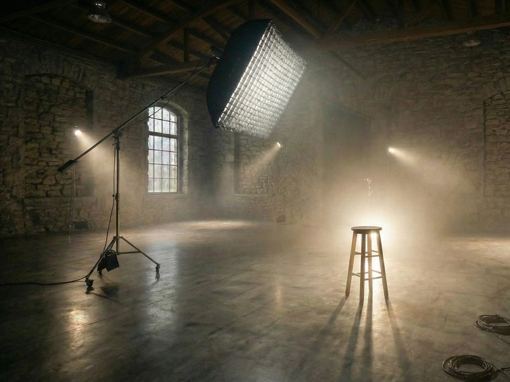 Empty studio with a large studio light on a stand, a stool in the center with a spotlight shining on it, and two windows in the brick wall with sunlight streaming in.