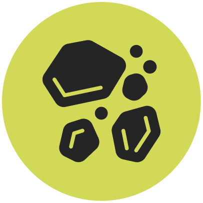 Illustration of various black rocks or minerals on a light green background.