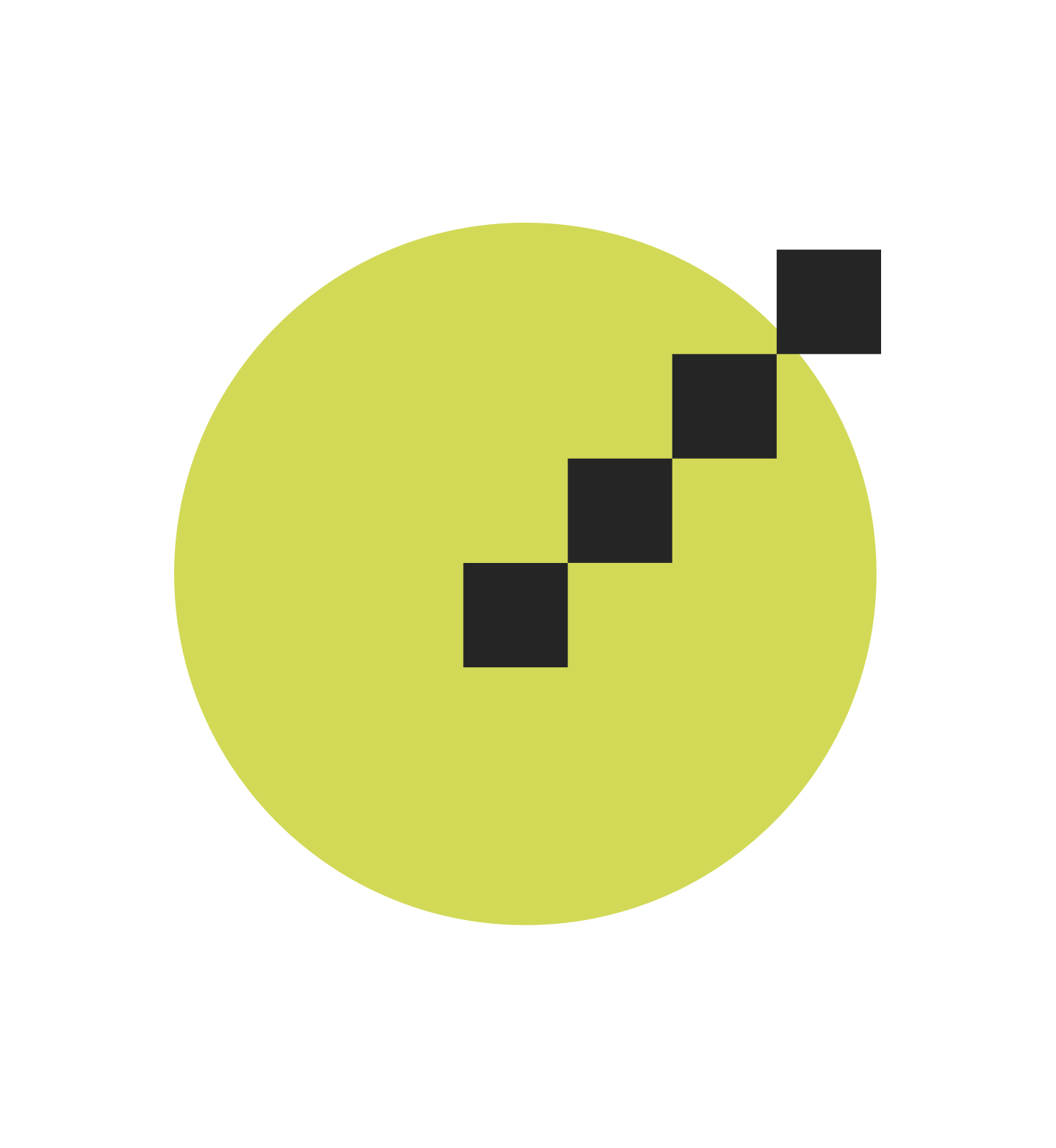 Diagram of a tennis ball with four black squares arranged diagonally inside it.