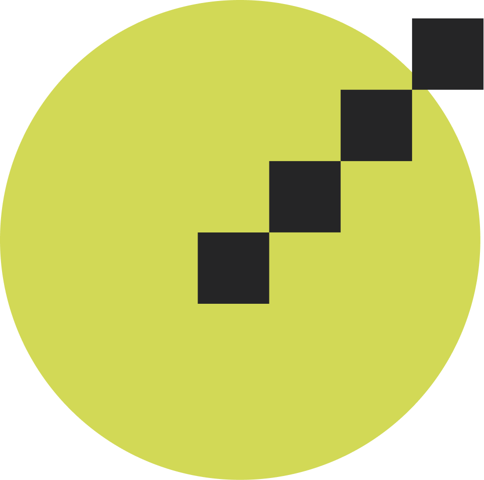 Green circular object with four black squares arranged in a diagonal line.