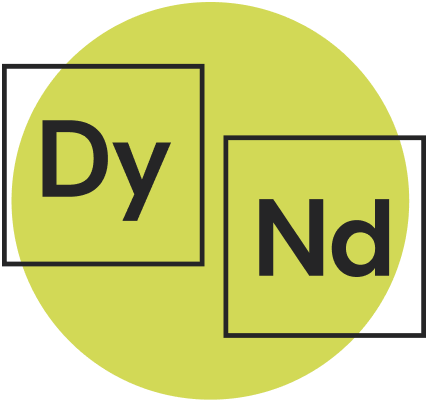 The image features a logo inspired by the periodic table, with the symbols 'Dy' and 'Nd' inside squares on a yellow-green circular background.