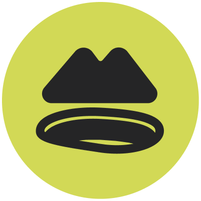 Icon of a mountain with a ring beneath it on a lime green background