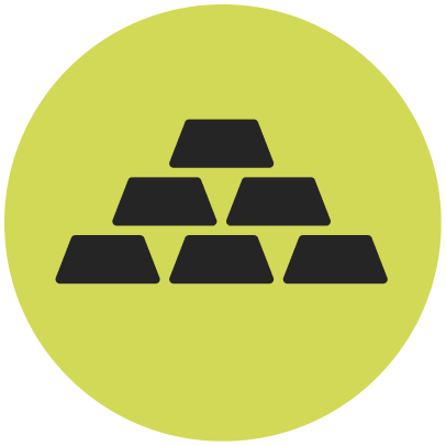 Icon of gold bars stacked in a pyramid on a green circular background.