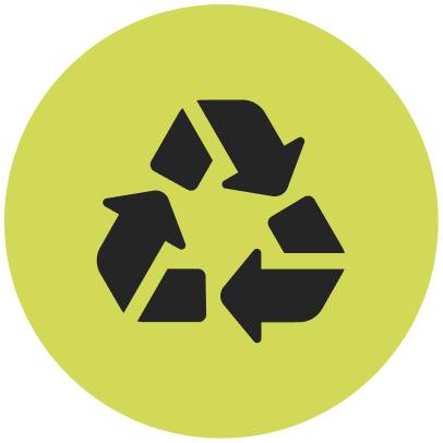 Recycling symbol with three black arrows forming a triangle on a green circular background.