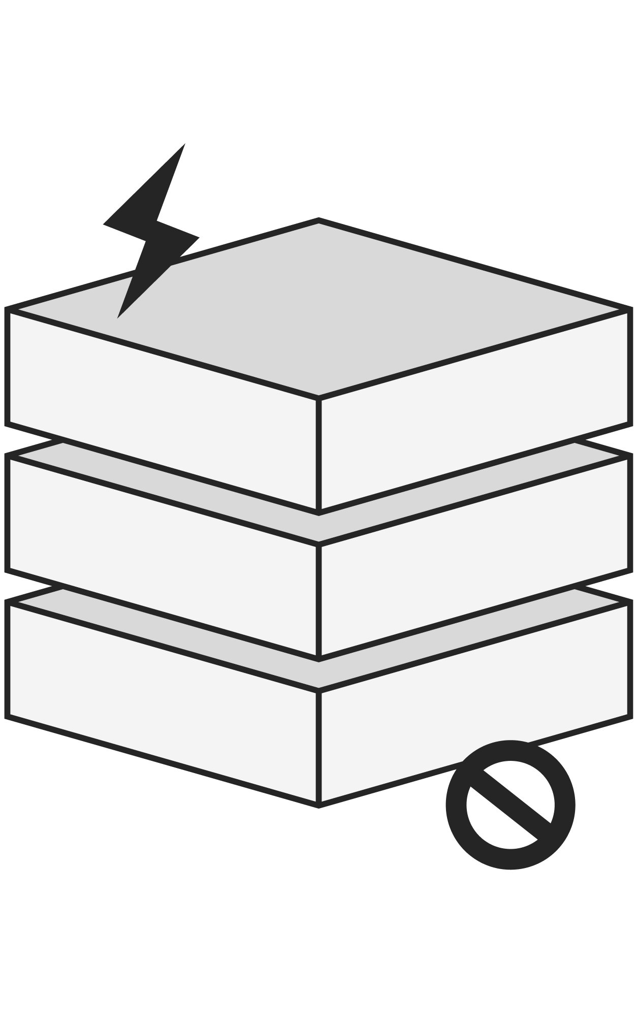 Illustration of a three-layer fire alarm system with a lightning bolt symbol indicating danger, and a prohibition symbol at the bottom.