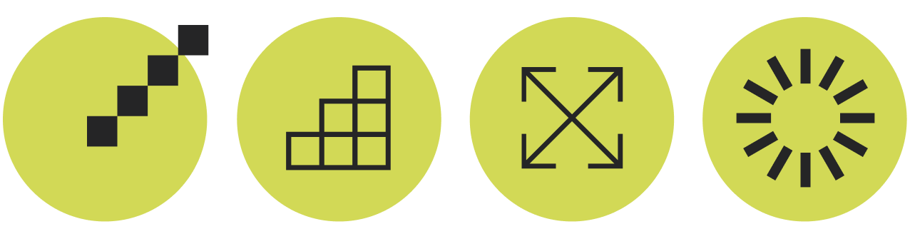 Set of four icons with lime green circular backgrounds: pixelated diagonal line, bar chart, arrow pointing outward, and a circular progress indicator.
