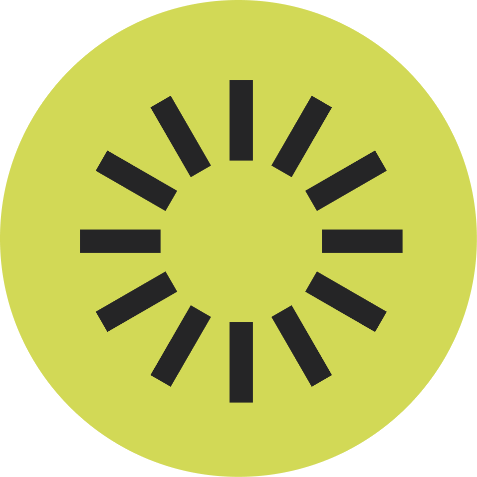 A lime green clock icon with black hour and minute marks, no hands.