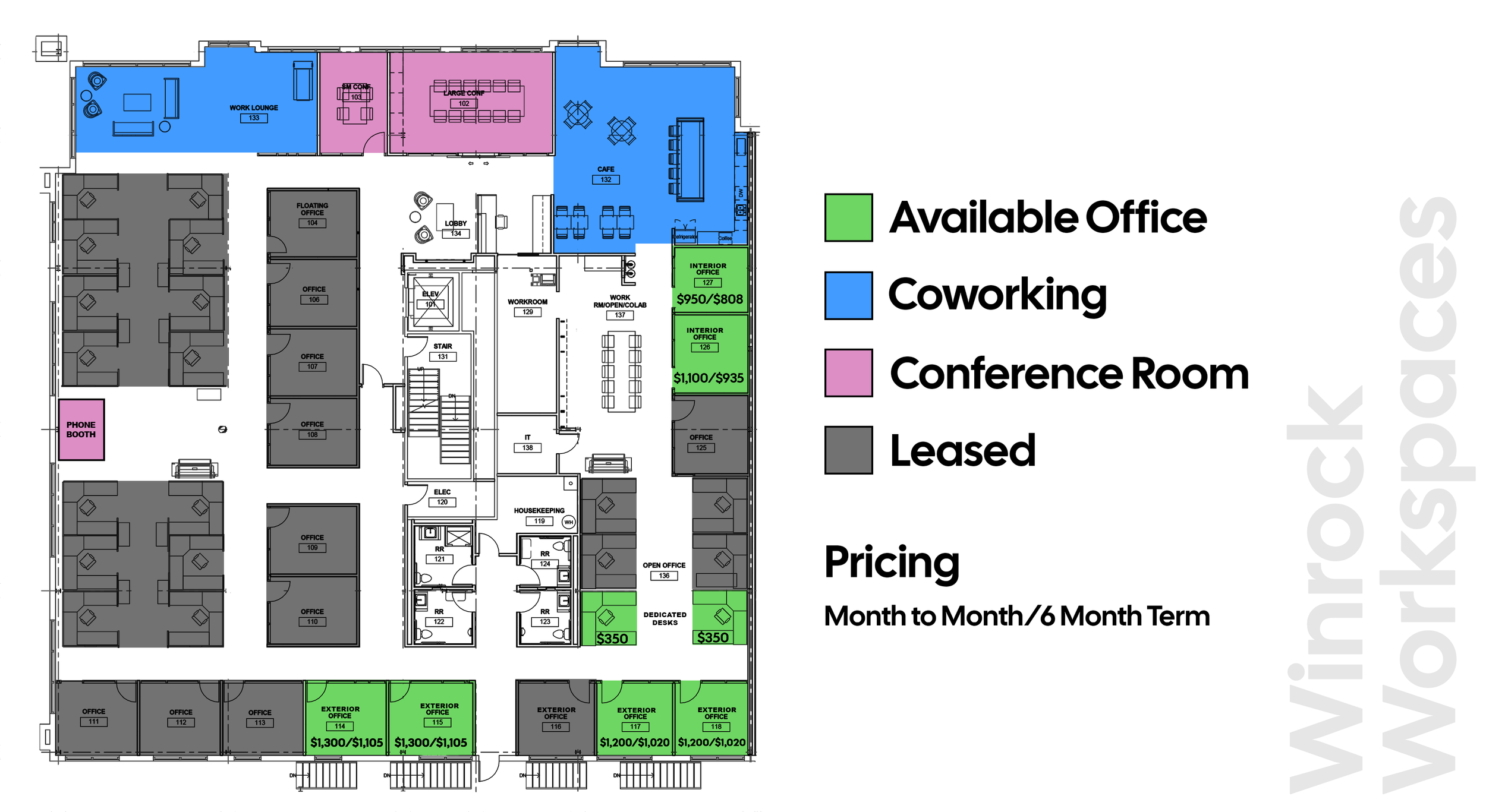 Floor plan of an office space with color-coded areas: available offices in green, coworking in blue, conference room in pink, and leased areas in gray. Pricing details are also shown.