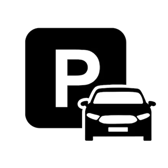 Parking sign with a car icon in black and white.