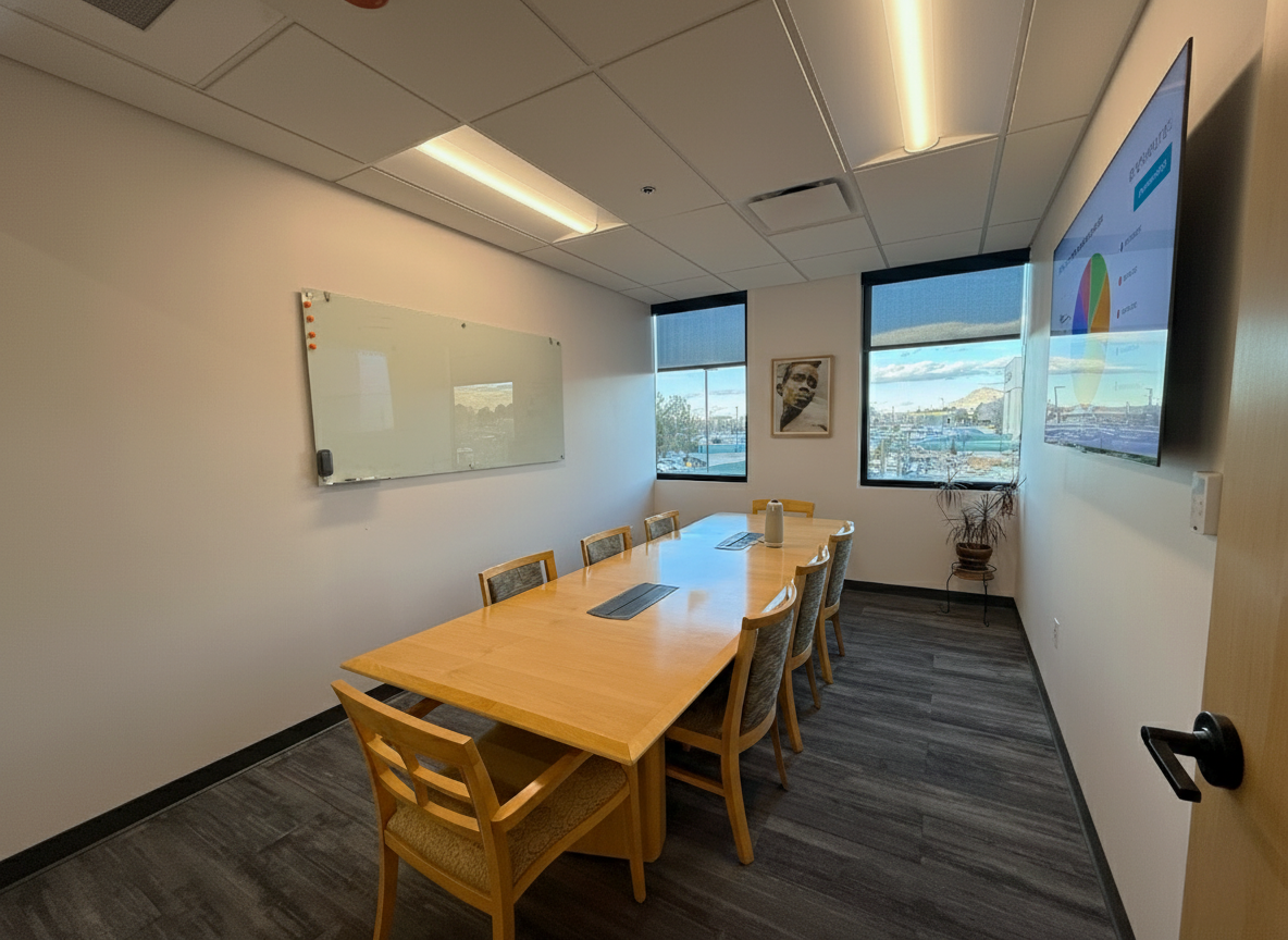 A small conference room with wooden table, eight chairs, a whiteboard on the wall, a flat-screen TV on the wall, and two windows showing Winrock Park. 