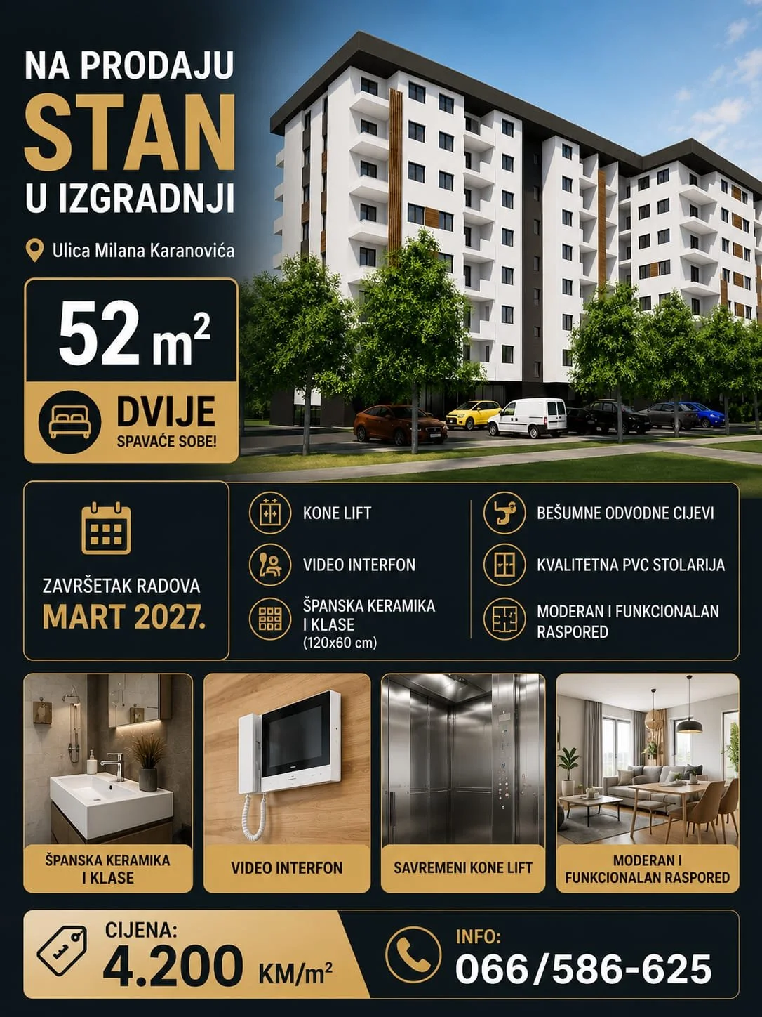 Stan u izgradnji, 52m2, dvije spavaće sobe - Borik