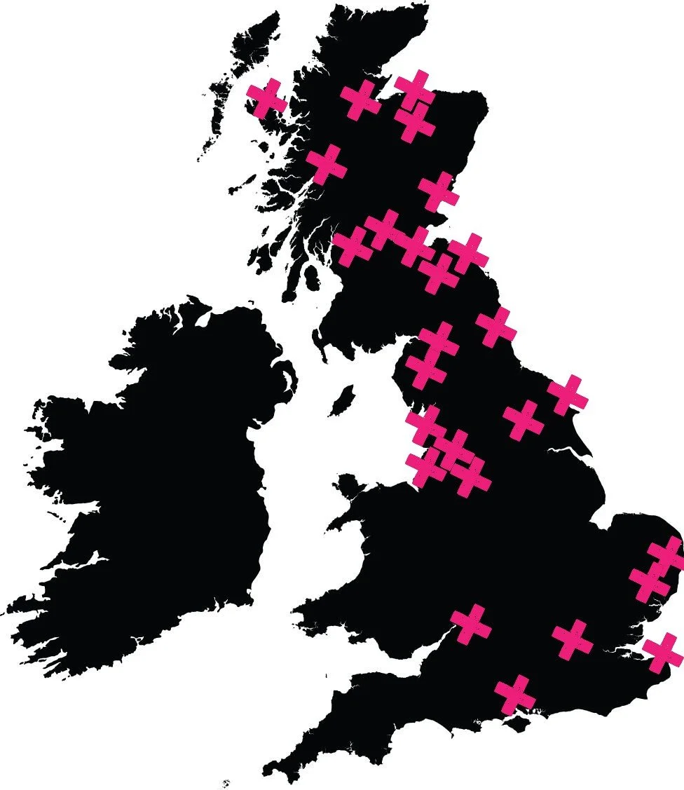 Map of the United Kingdom with pink crosses indicating locations.