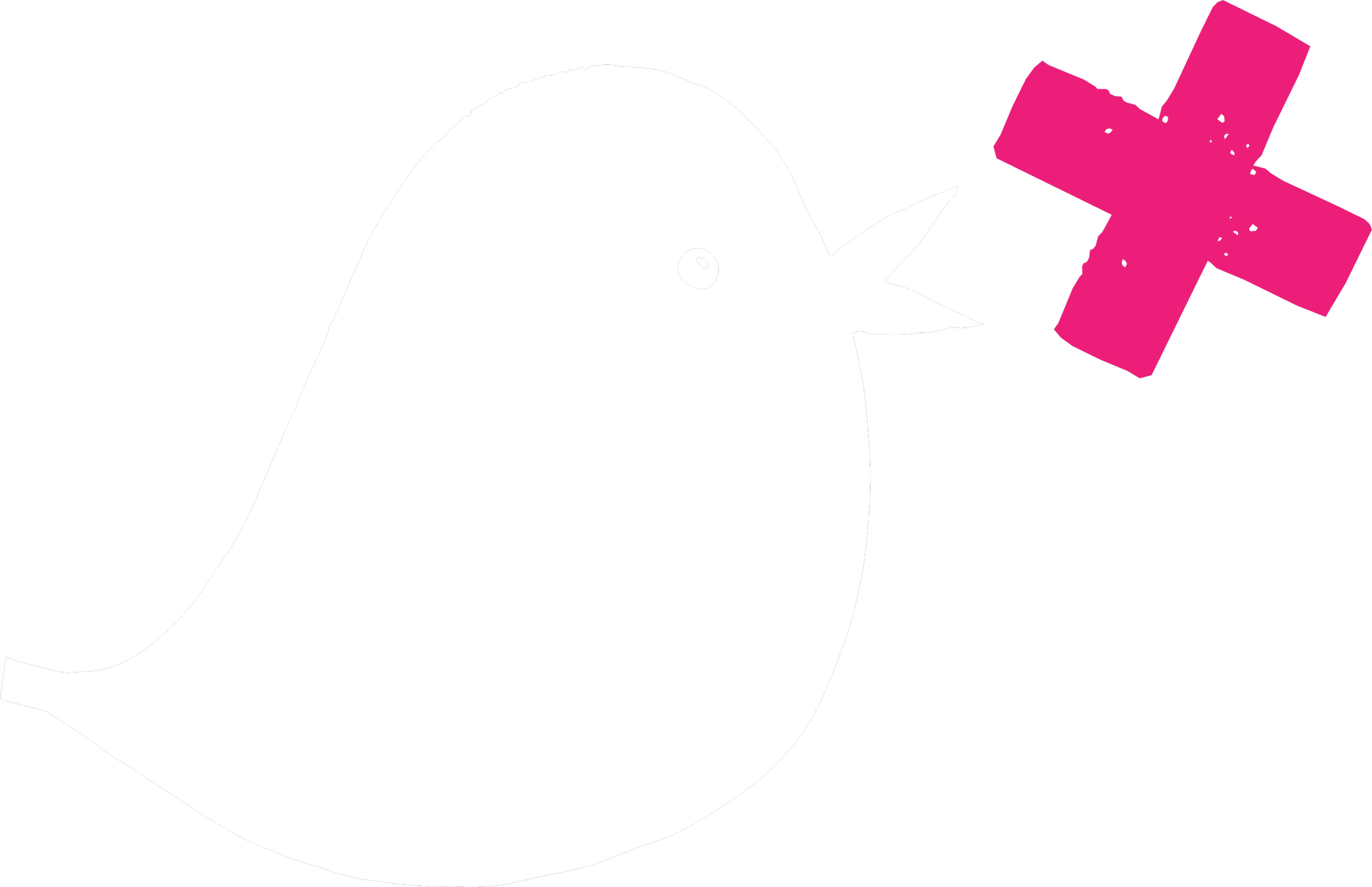 A cartoon illustration of a white bird with a black eye, a small beak, and a rounded body, holding a pink medical cross symbol in its beak.