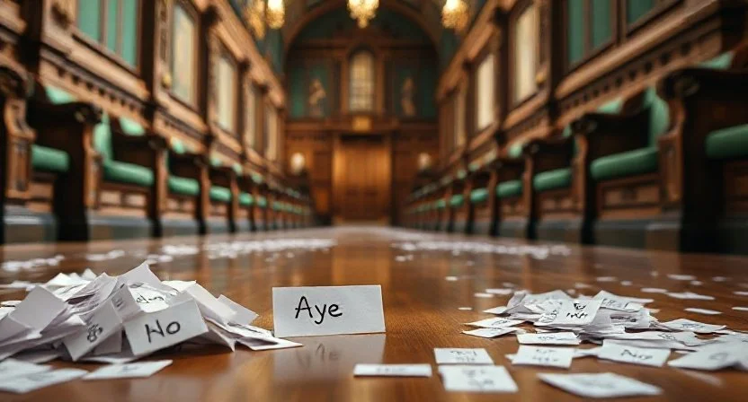 A deserted parliamentary chamber with piles of paper slips on the floor marked "Aye" and "No", symbolising a vote or division. The ornate wood-panelled benches and green upholstery suggest a traditional Westminster setting.