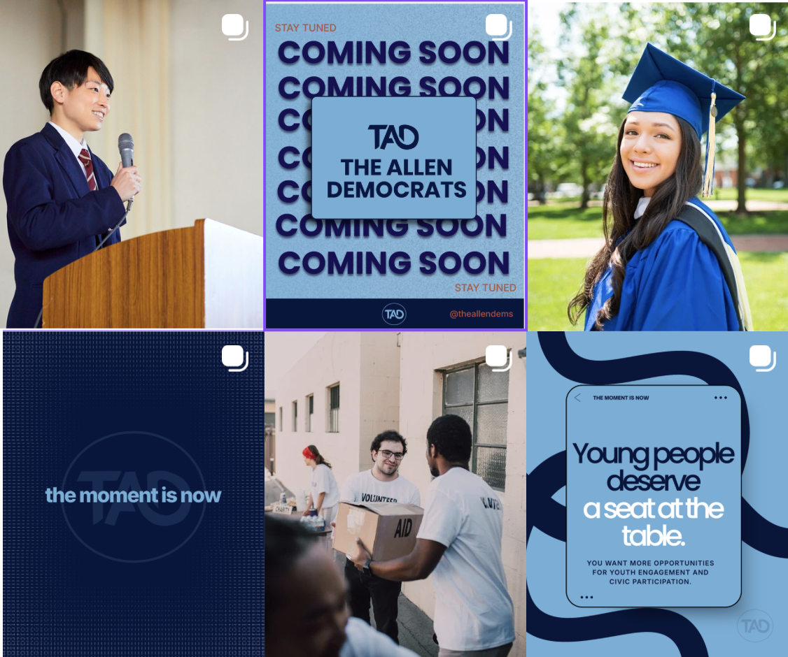 This is a sample social media grid of THE Allen Democrats social page. It includes 6 differentt posts