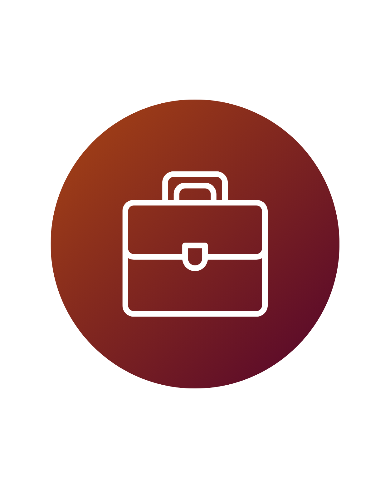 Icon of a briefcase on a circular maroon background.
