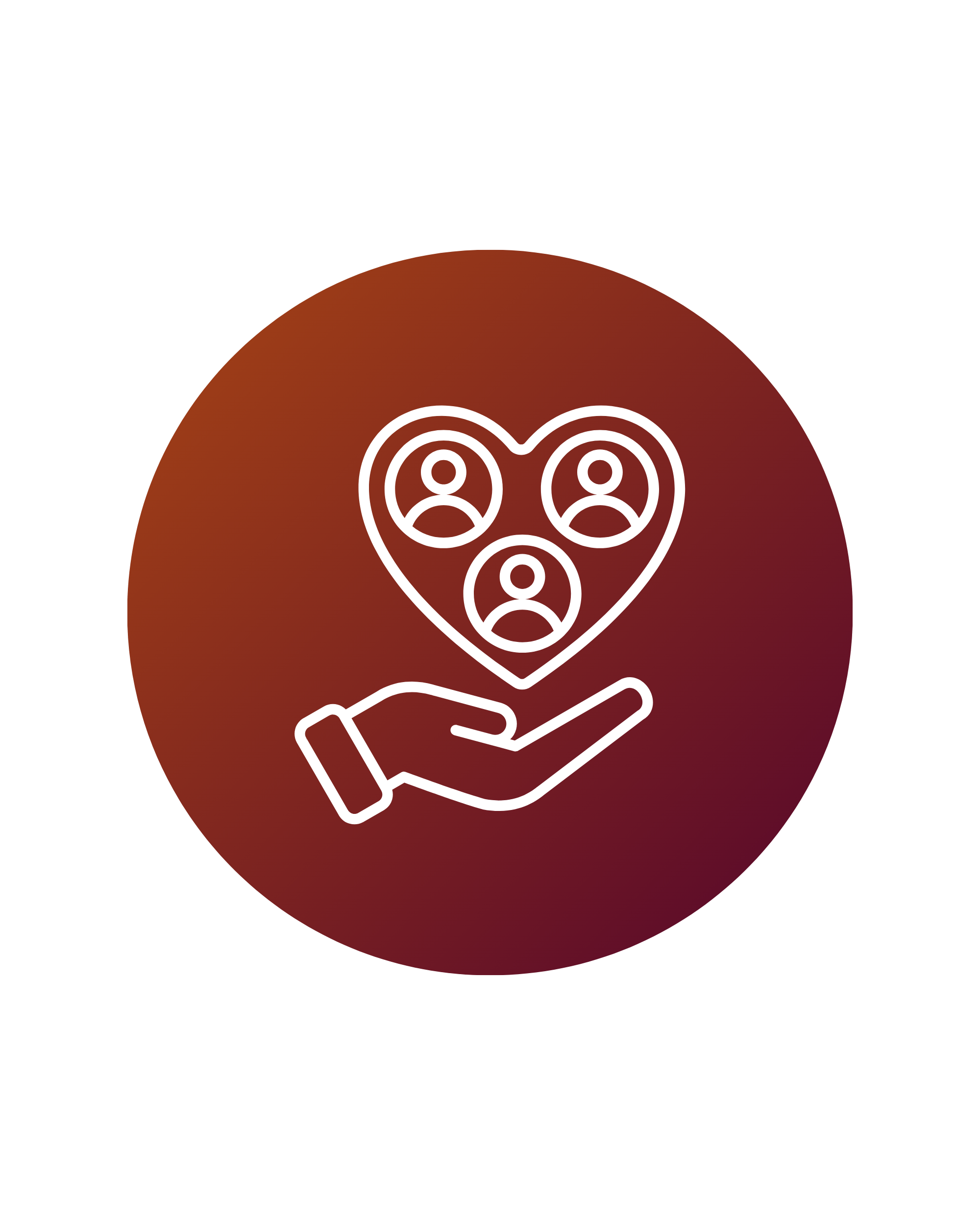 Line icon of a hand holding a heart, with three person symbols inside the heart.