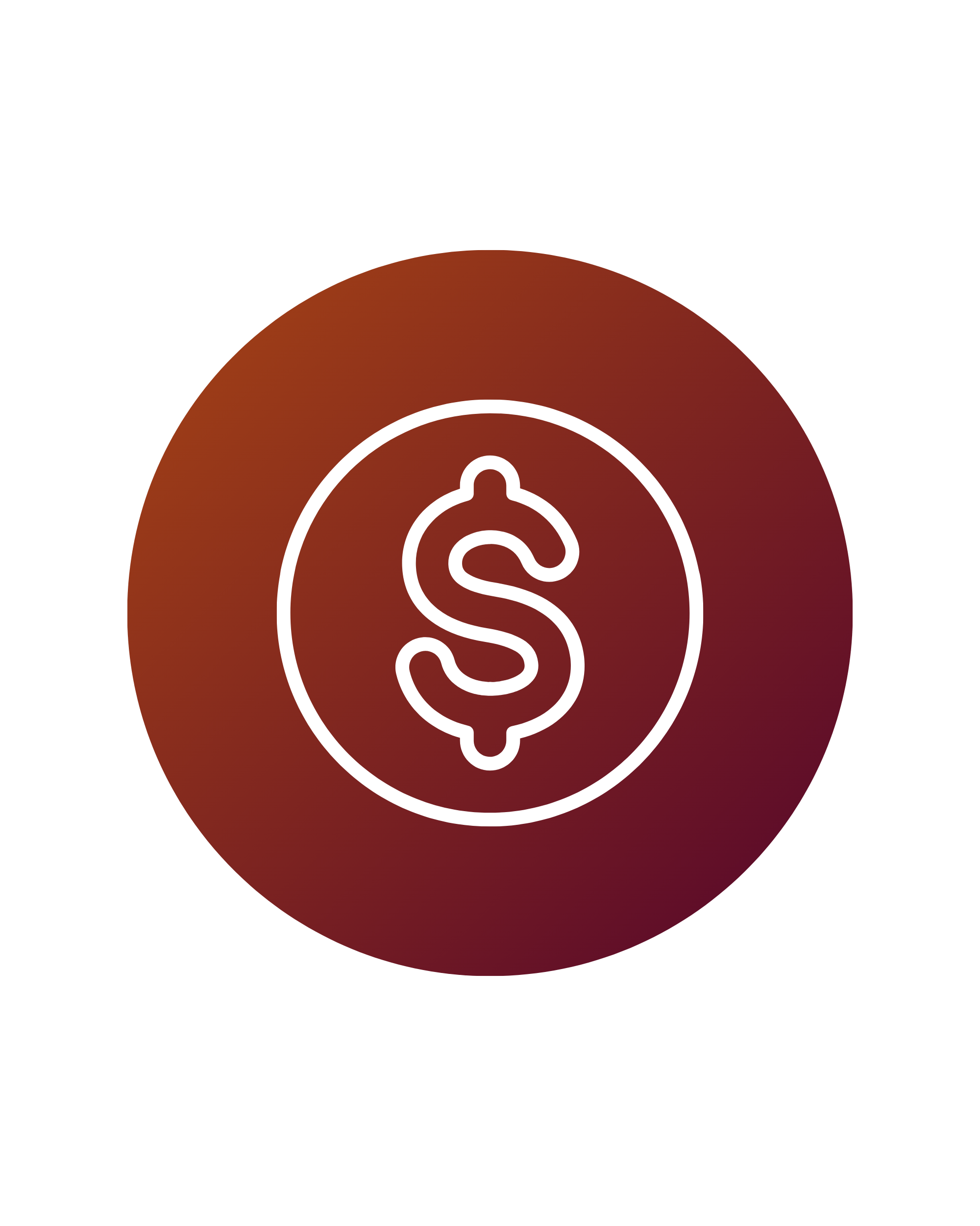 Illustration of a dollar sign within a circle, on a brownish-red background.