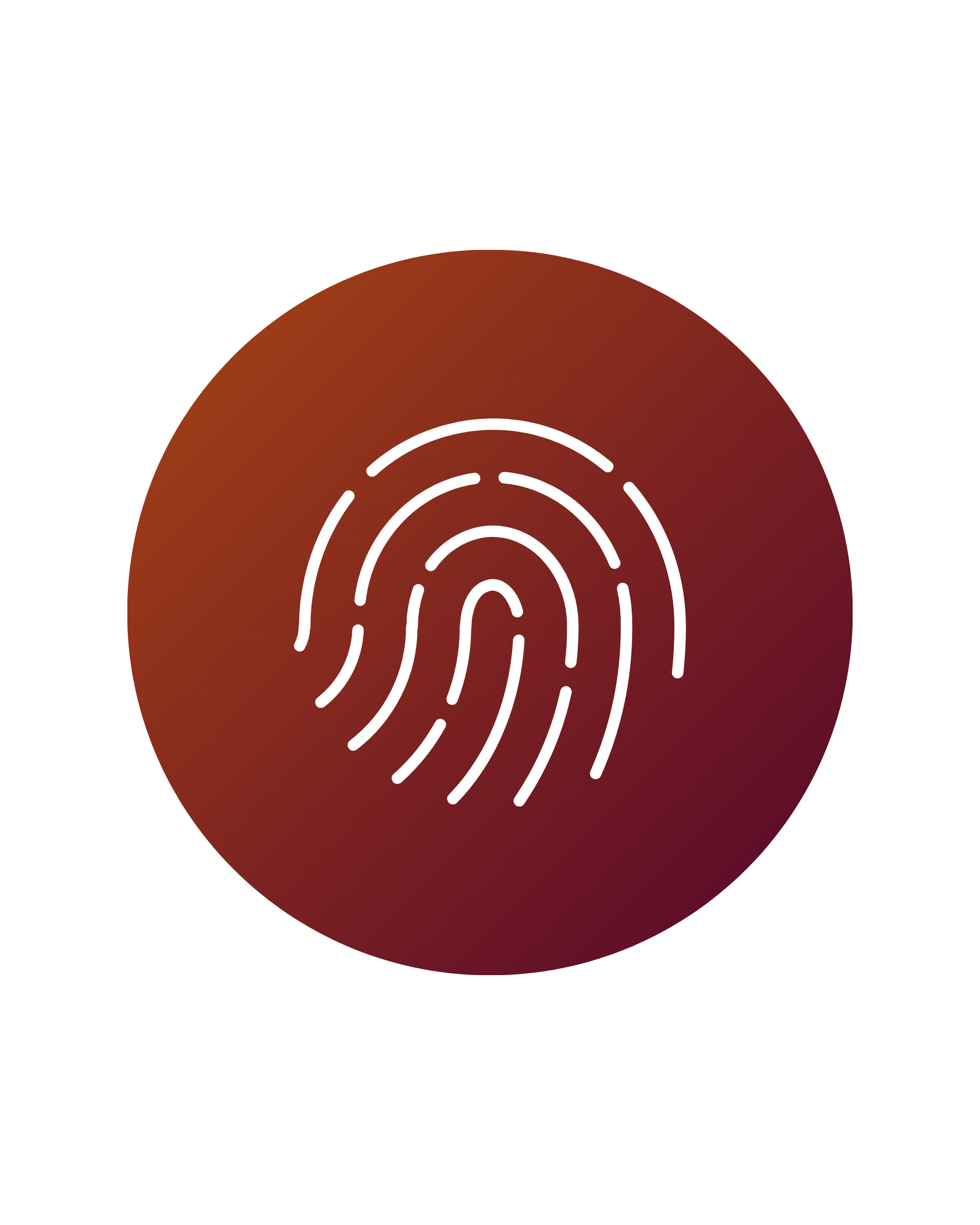 Fingerprint icon inside a circular background with a gradient from reddish-brown to dark red