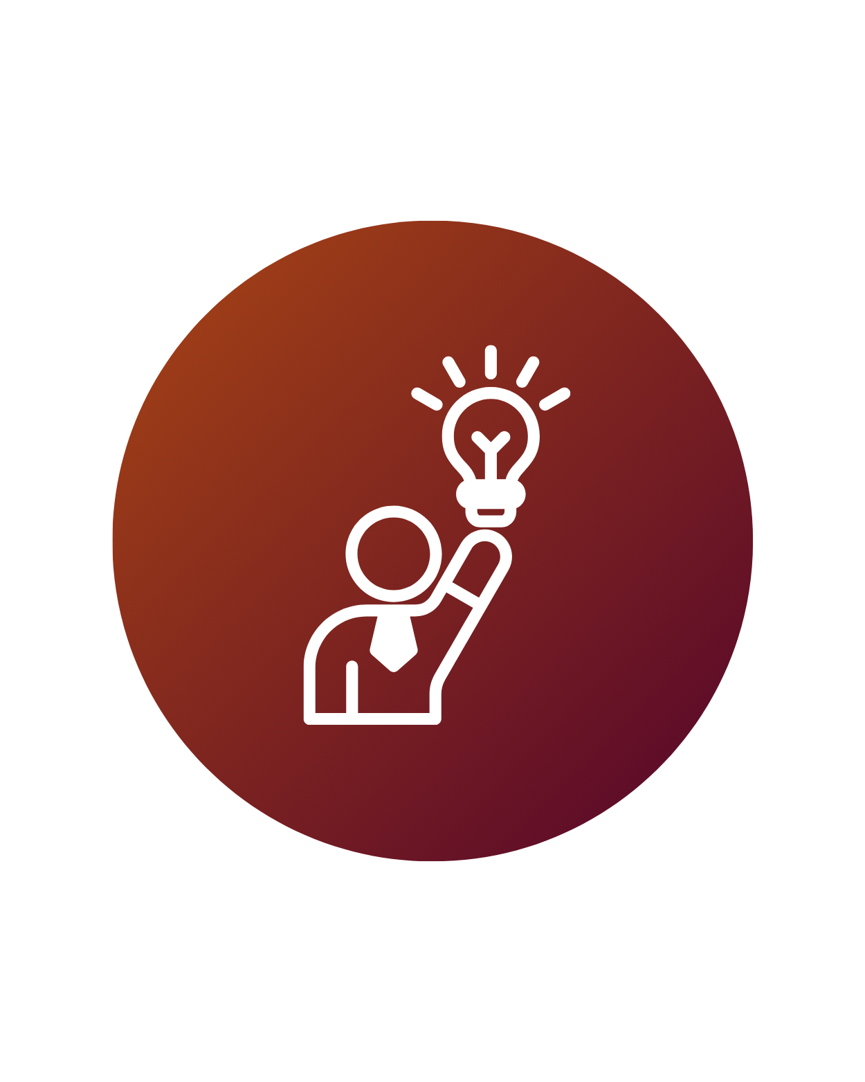 Icon of a person in a business suit with a tie, raising their arm and touching a glowing light bulb, representing an idea or innovation.