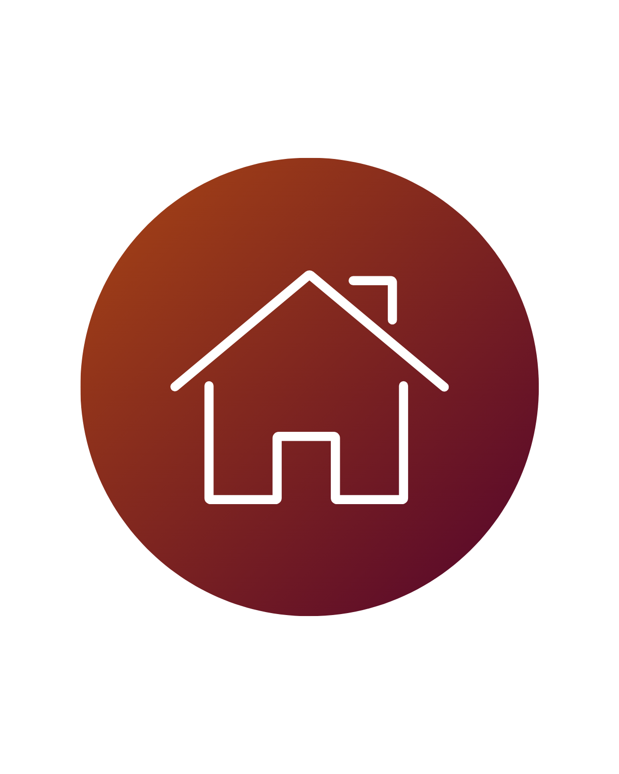 Icon of a house in white outline on a reddish-brown circular background.