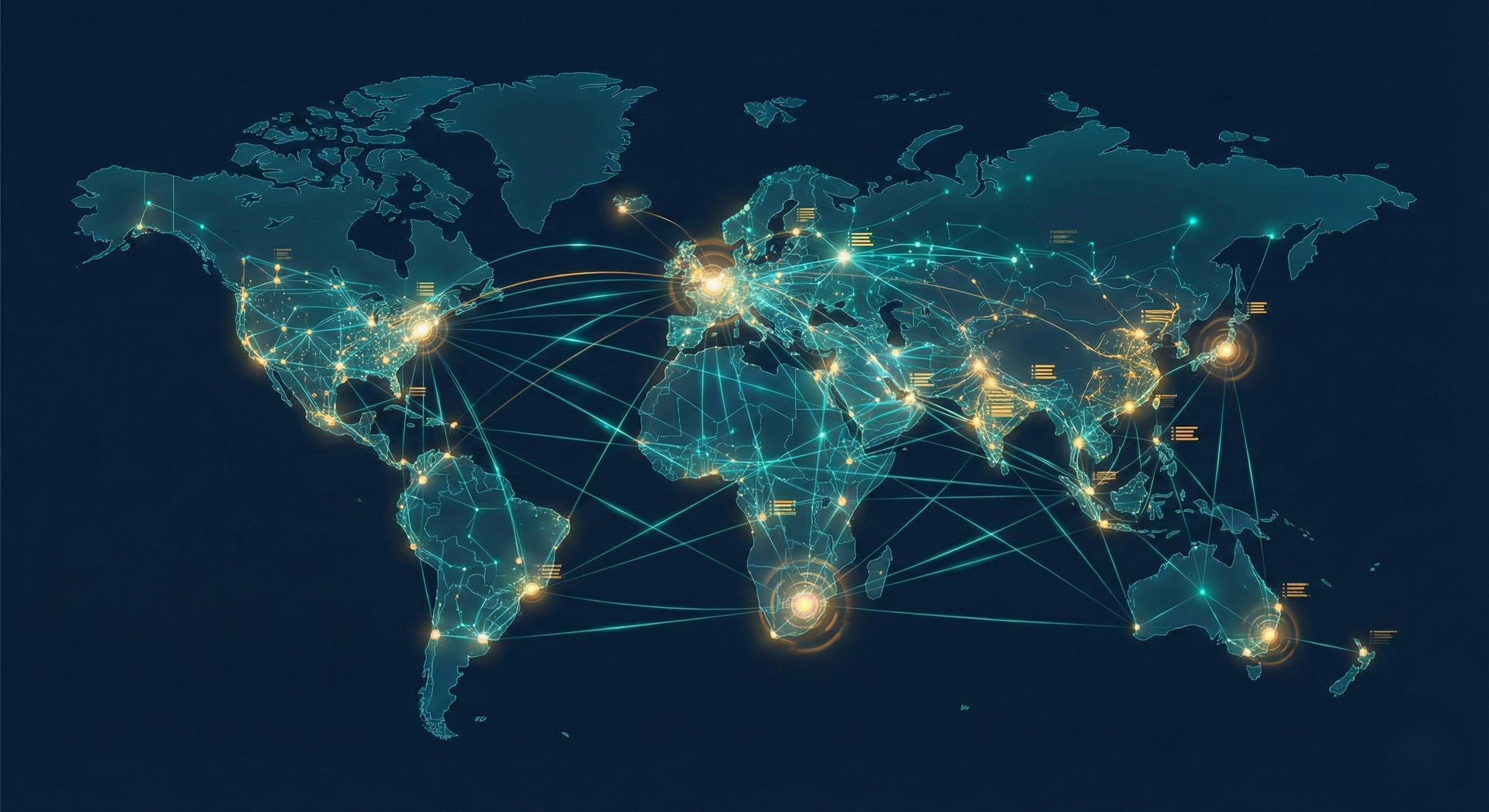 World map with digital connections and glowing points representing global network and communication links.