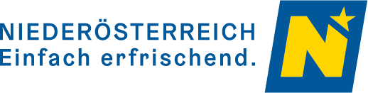 Logo mit blauer Schrift, gelbem N und schwarzem Hintergrund, Text: 'Niederösterreich Einfach erfrischend.'
