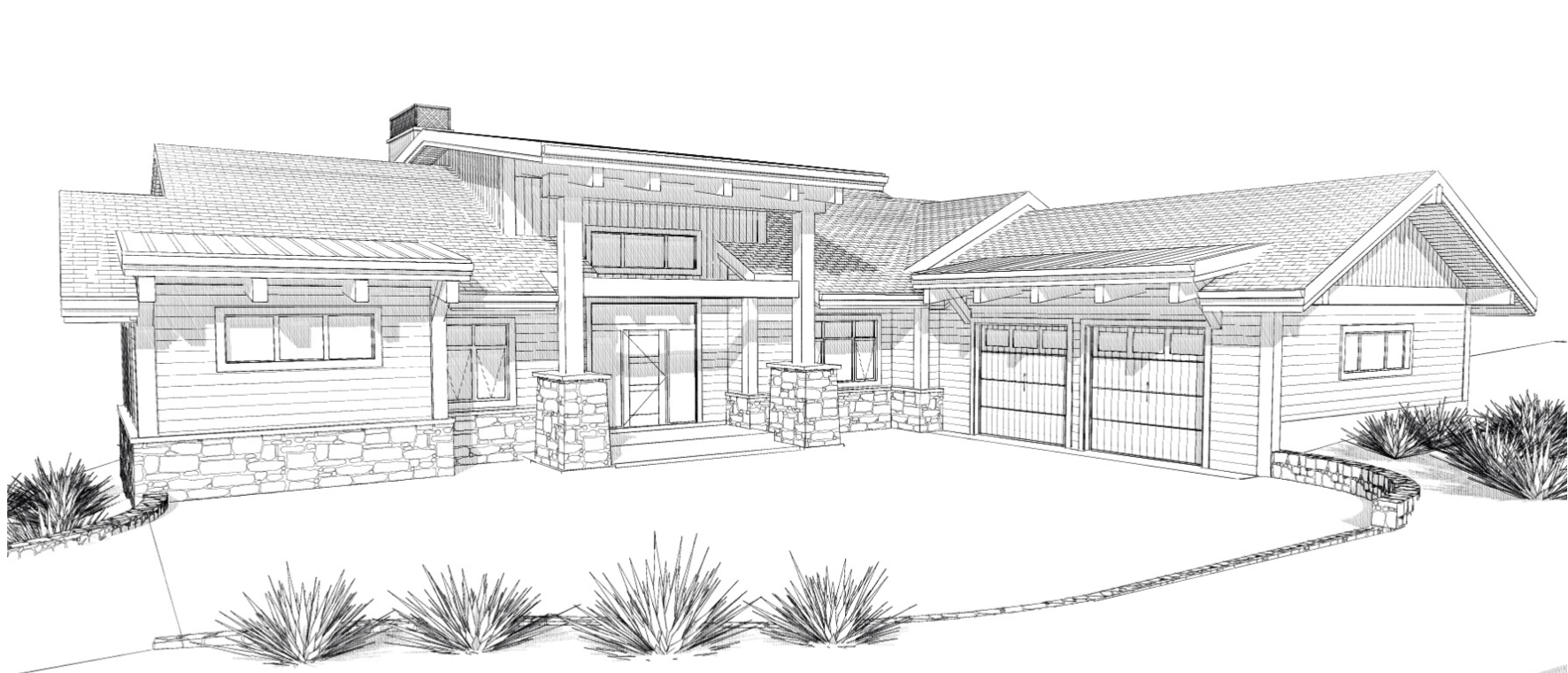 Line drawing of a modern house with a stone foundation, siding, a front porch, and a three-car garage.