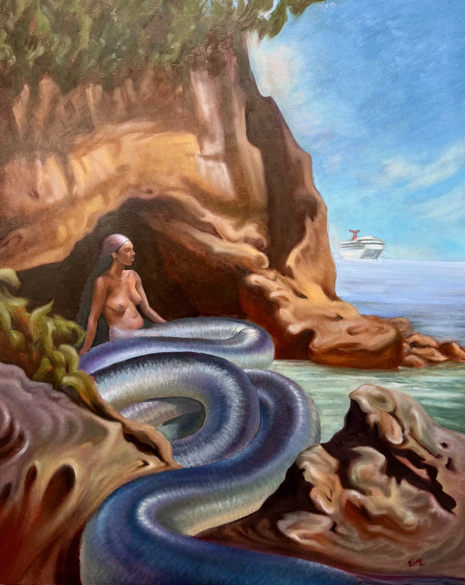 A painting shows a mermaid with long dark hair sitting on a rocky beach near a cliffside, with a large snake coiled around her. In the background, there are sea cliffs, water, and a cruise ship in the distance.