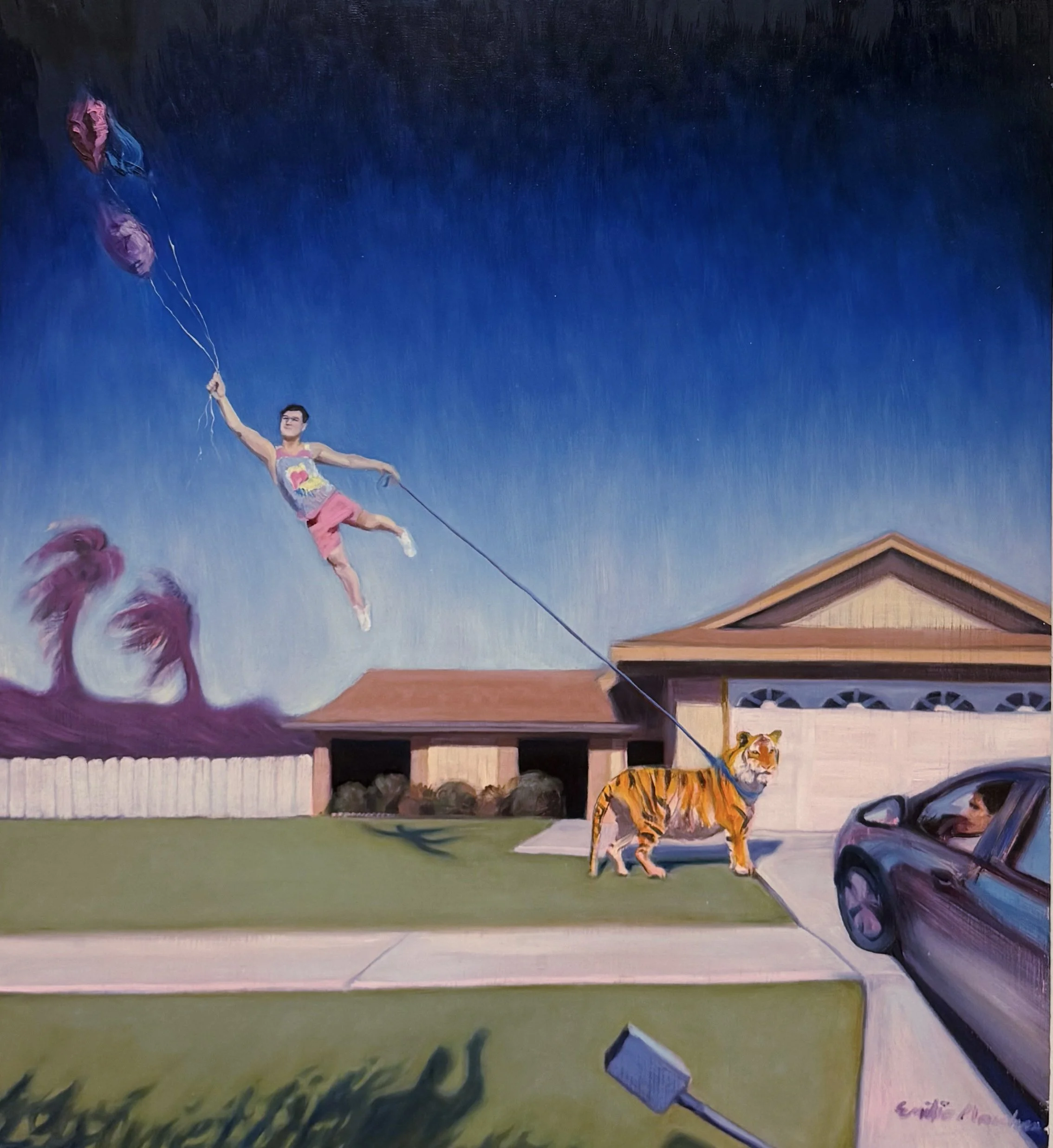A surreal illustration of a person holding onto balloons, flying above a suburban house while a small tiger on a leash stands on the driveway near a car with a person inside.