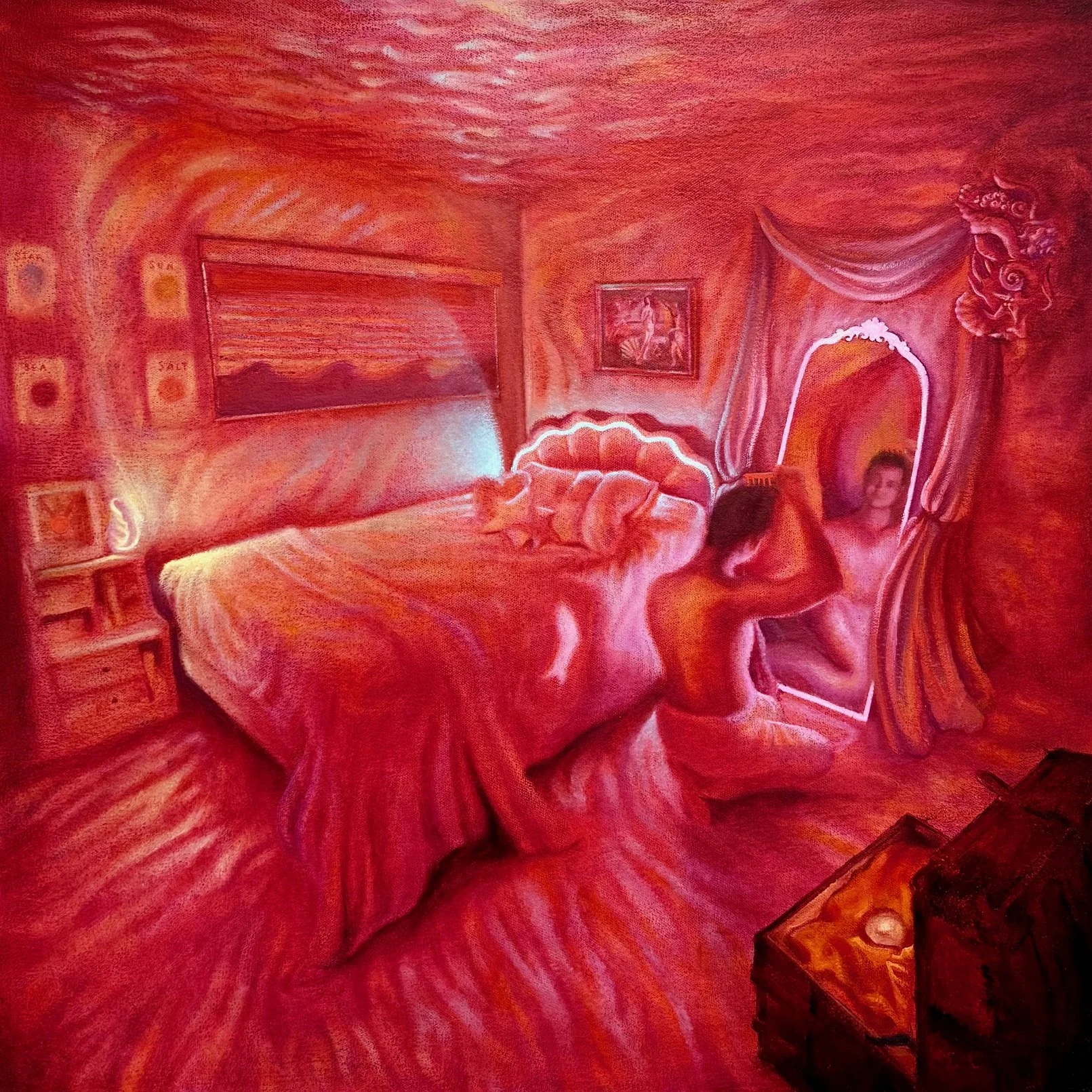 A bedroom painted in warm orange tones, featuring a bed with a striped blanket, a bedside table with a lamp, a window with blinds, and two people seated in chairs near the bed, one of whom is holding a mug.